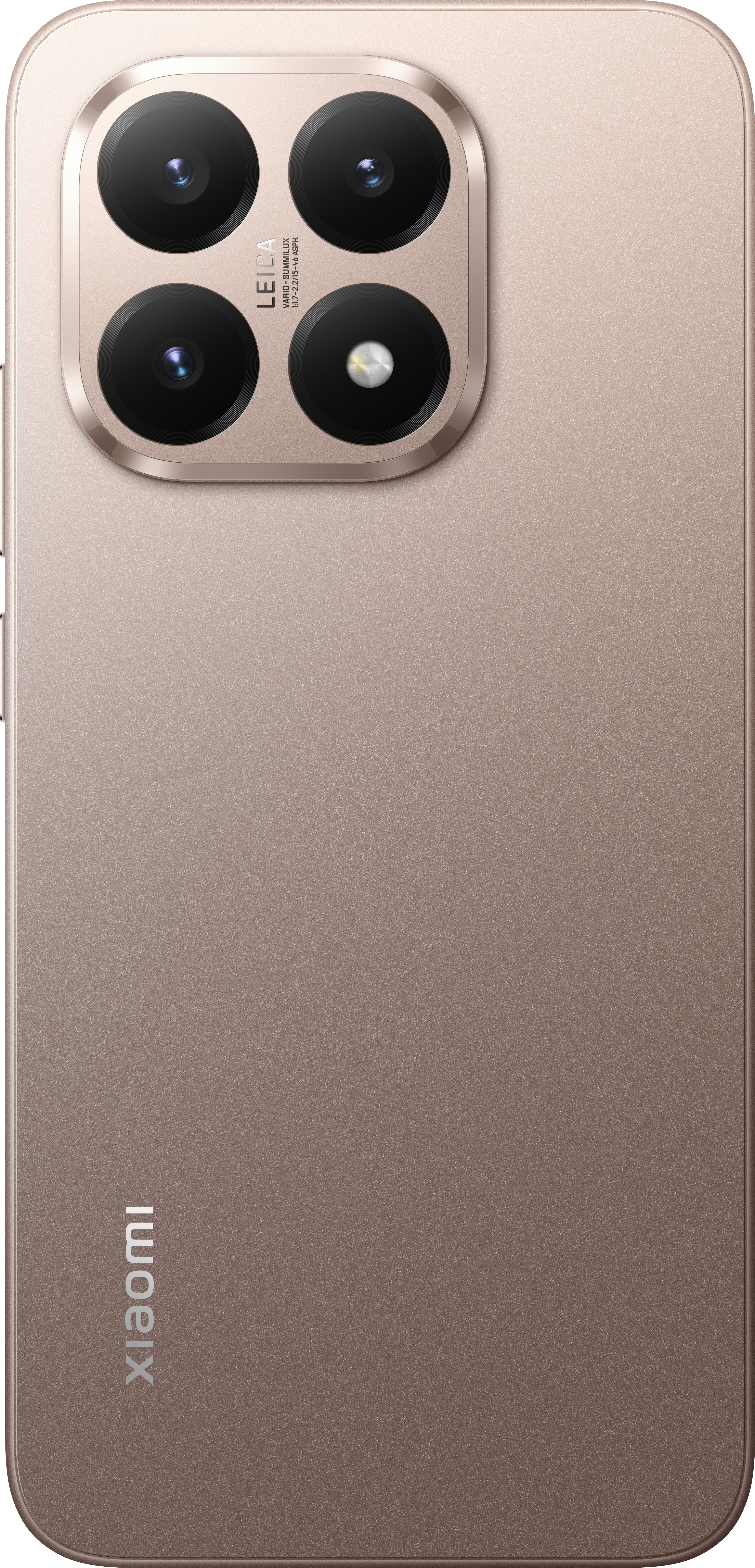 Nahaufnahme der Rückseite eines Smartphones. Es hat ein Kameramodul mit vier Objektiven. Das Telefon ist hellbraun mit dem Xiaomi-Logo.