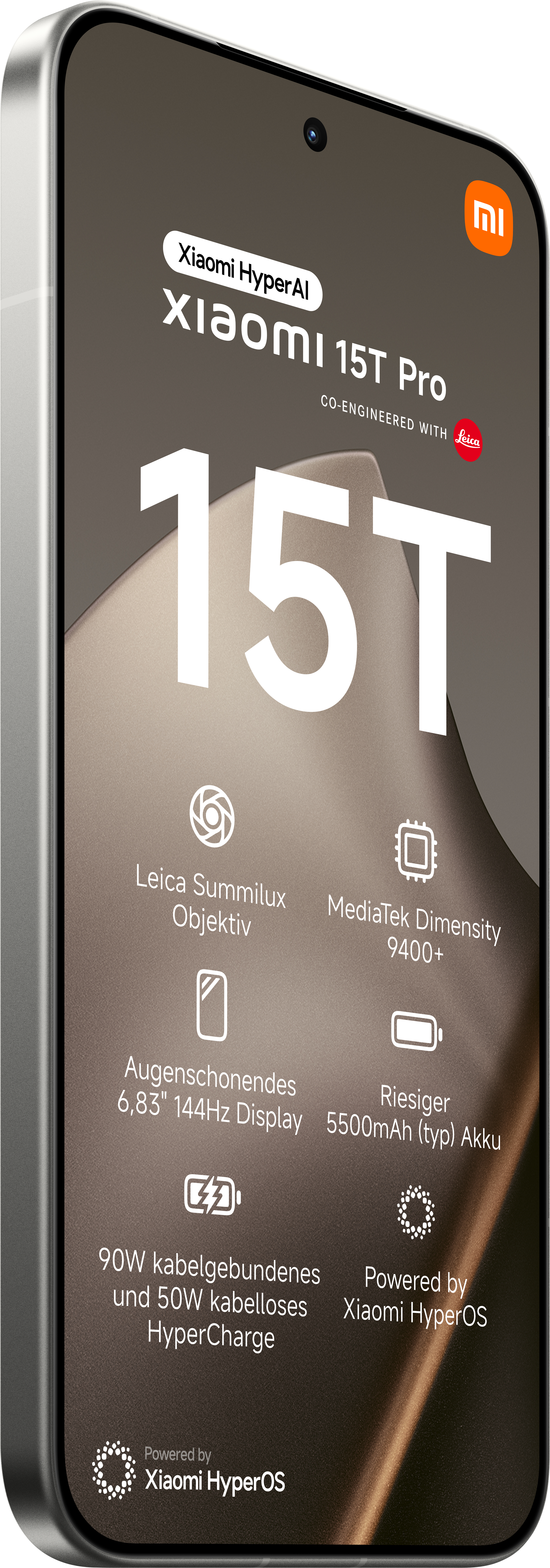 Ein Smartphone mit einem Bildschirm, der Text und Symbole anzeigt. Das Telefon ist silberfarben und hat das Xiaomi-Logo.
