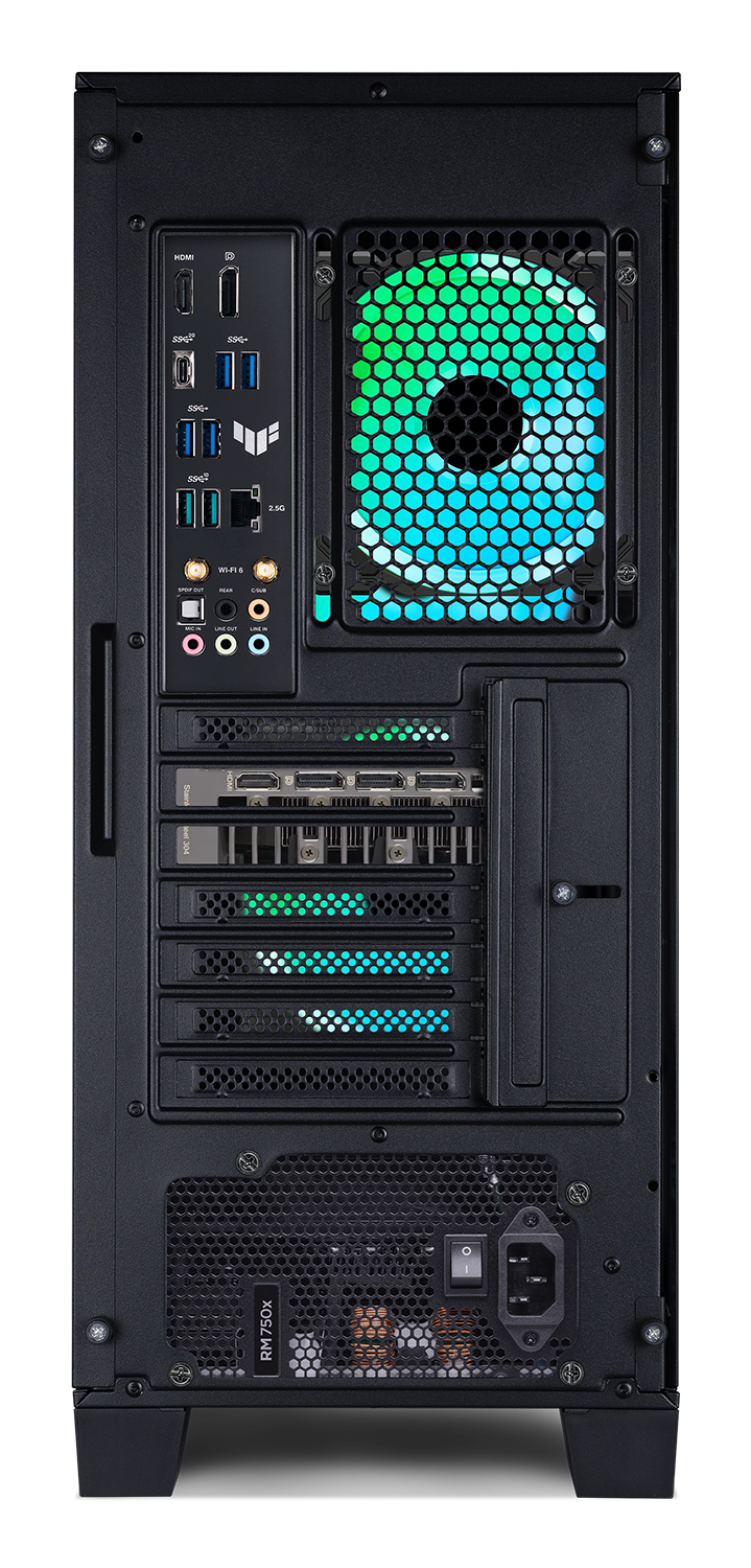 Rückseite eines schwarzen PC-Gehäuses. Enthält Anschlüsse, einen Lüfter mit grünen und blauen Lichtern und ein Netzteil.