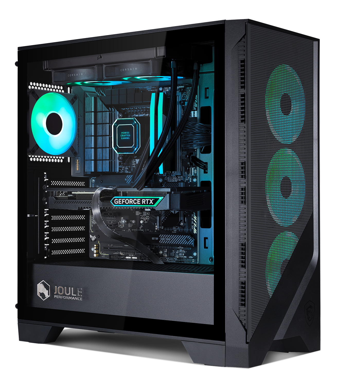 Ein Computergehäuse mit internen Komponenten, die mit blauen und grünen Lichtern beleuchtet sind. Enthält eine Grafikkarte, Lüfter und verschiedene Logos.
