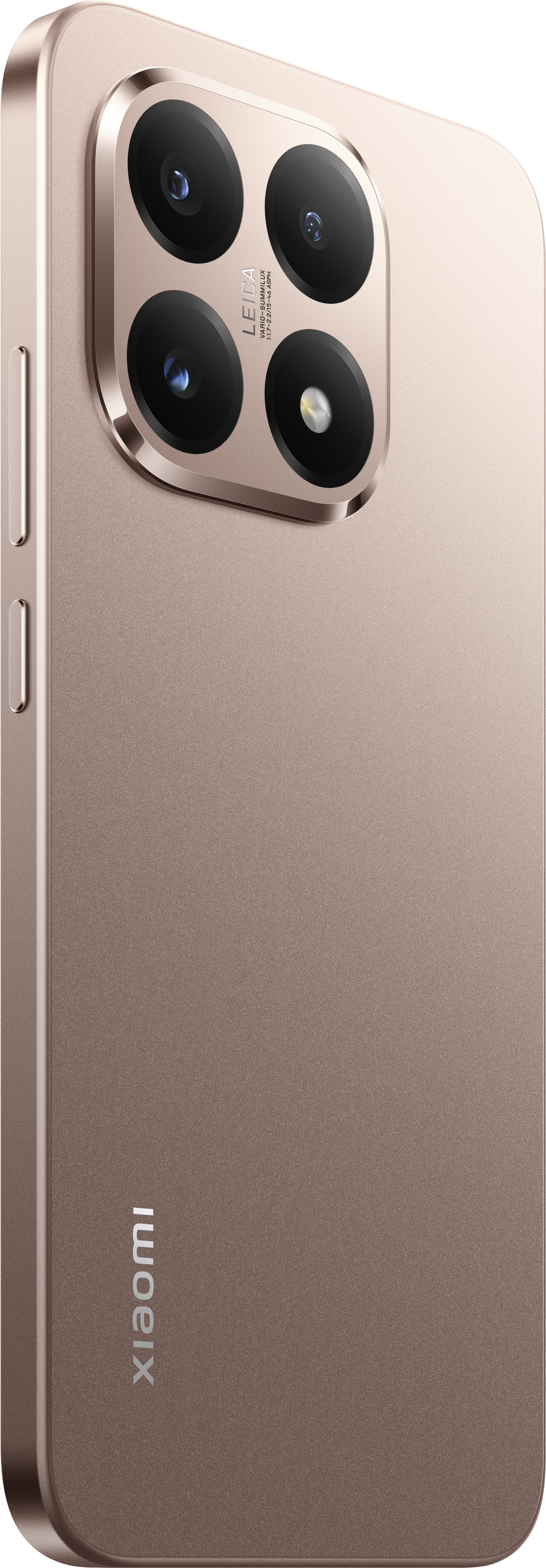 Goldfarbenes Smartphone. Verfügt über eine Kameraanordnung mit vier Objektiven und Leica-Branding. Xiaomi-Logo ist sichtbar.