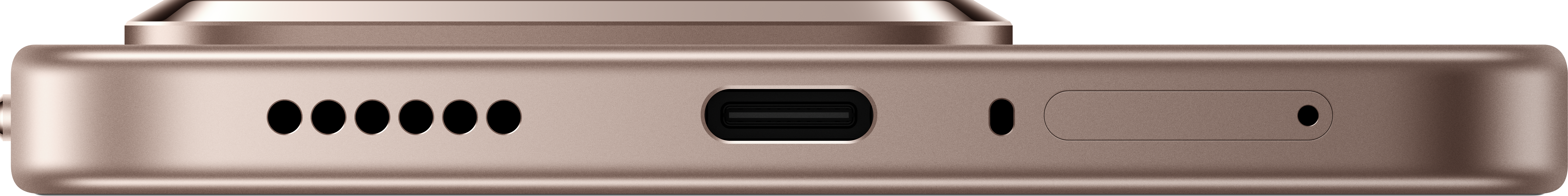 Nahaufnahme der Unterkante eines roségoldenen Geräts. Merkmale sind ein USB-C-Anschluss, Lautsprecherlöcher und ein Mikrofon.