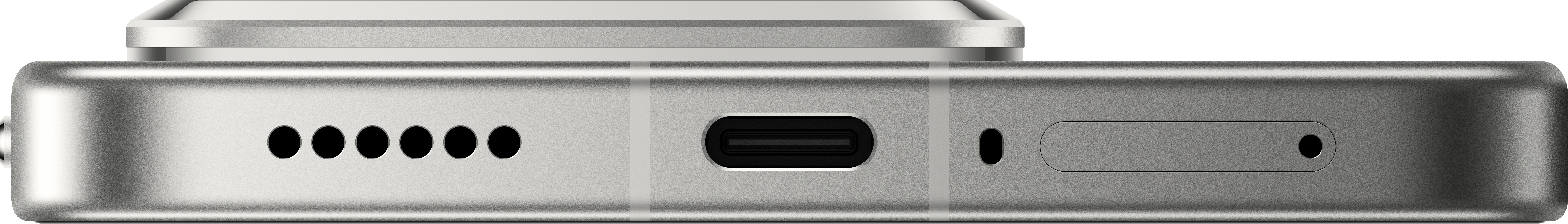Nahaufnahme eines metallischen Geräts. Merkmale: Lochreihe, USB-C-Anschluss, kleinerer Anschluss und ein rundes Loch.