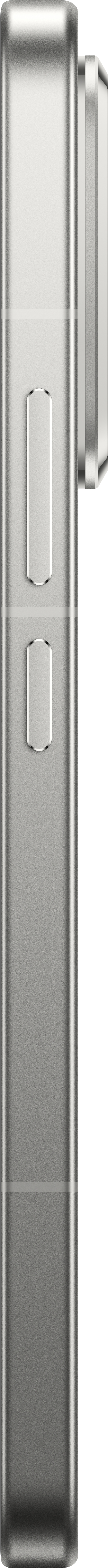 Seitenansicht eines silbernen Smartphones mit zwei Knöpfen und einer Kameralinse.