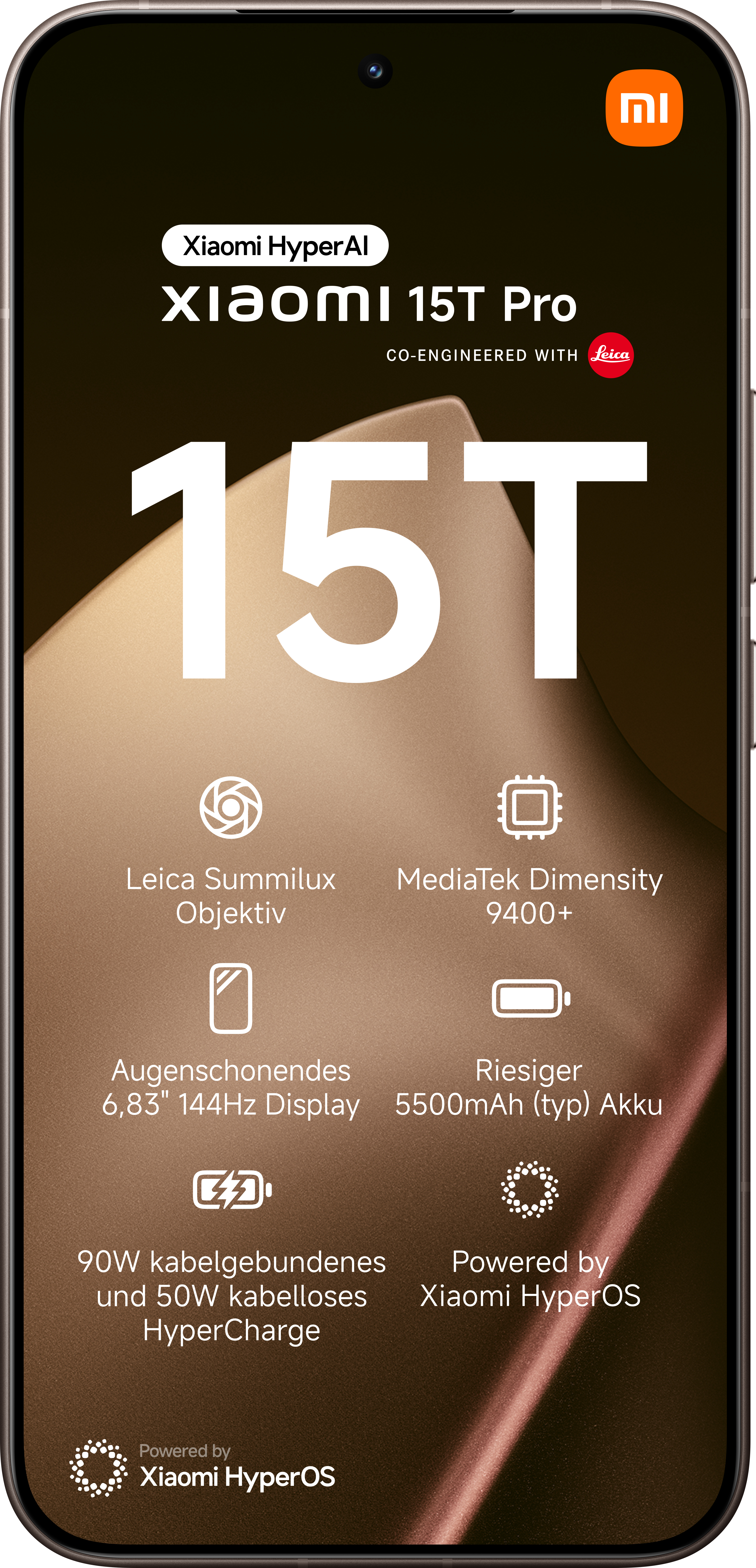 Ein Xiaomi 15T Pro-Telefon. Zu den Funktionen gehören Leica-Kamera, MediaTek Dimensity, HyperCharge und großes Display vor braunem Hintergrund.