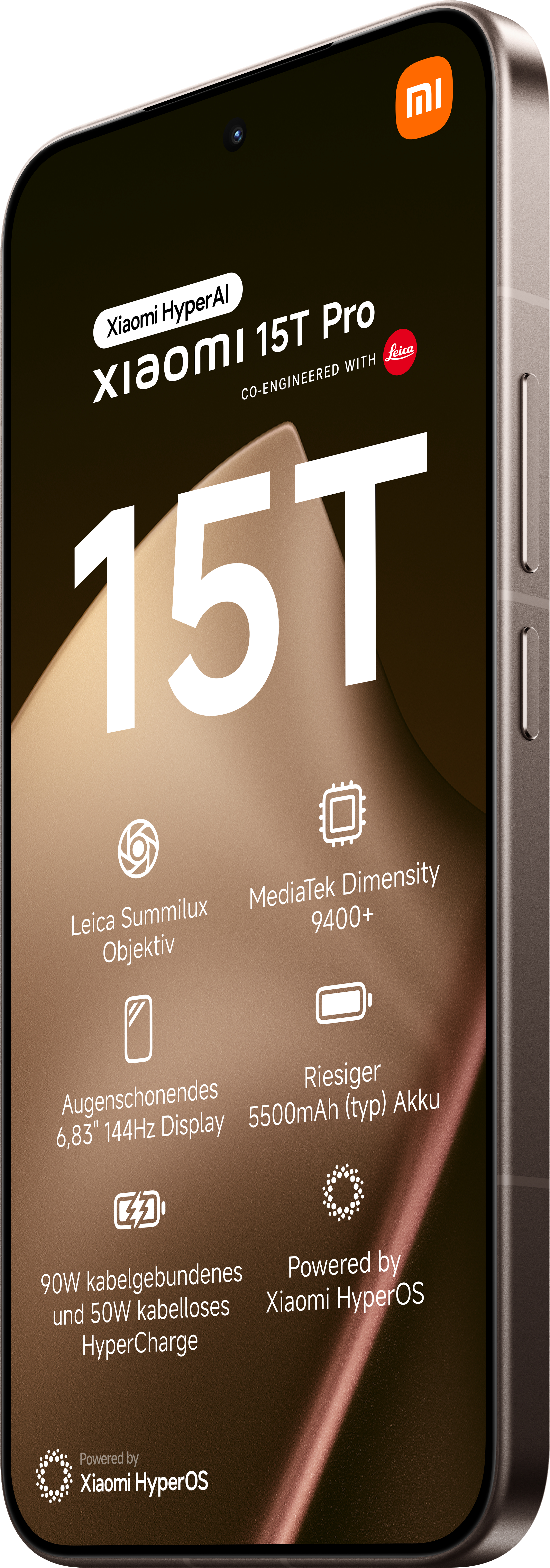 Smartphone mit Leica-Kamera, großem Display, Schnellladung, starkem Prozessor und Xiaomi HyperOS. Das Telefon hat einen dunklen Farbton.