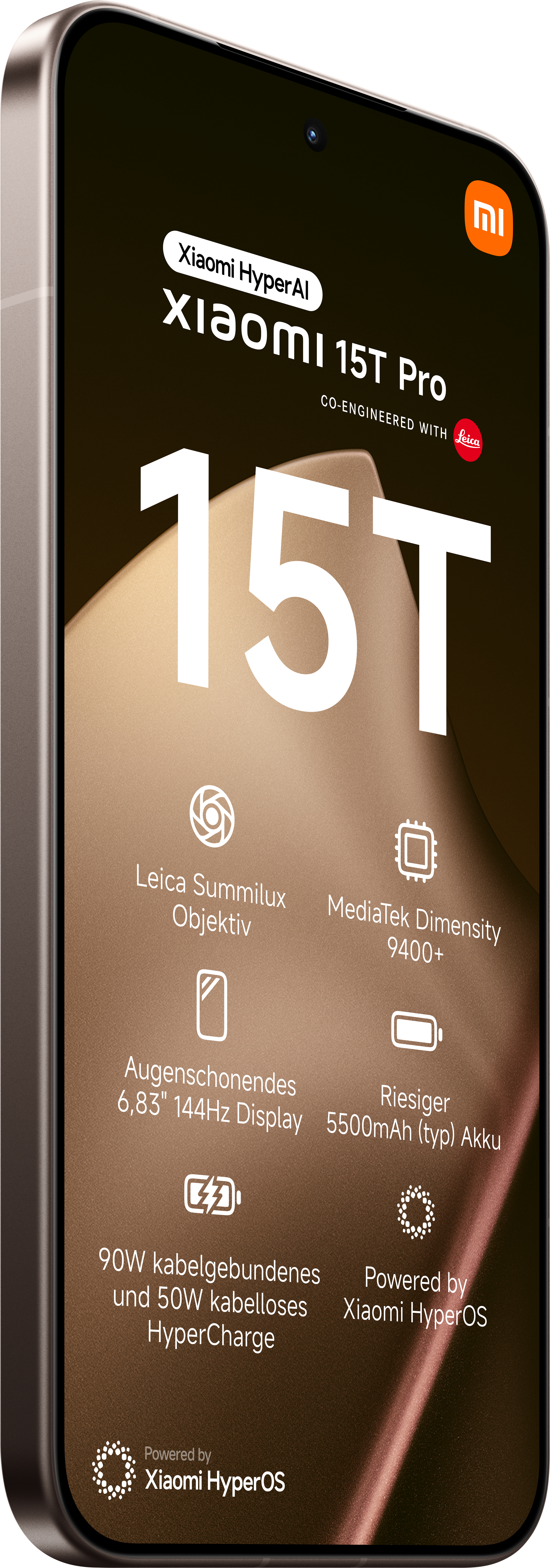 Xiaomi 15T Pro Telefon. Merkmale sind Leica Summilux, MediaTek Dimensity 9400+, 6,83" 144Hz Display und 5500mAh Akku.