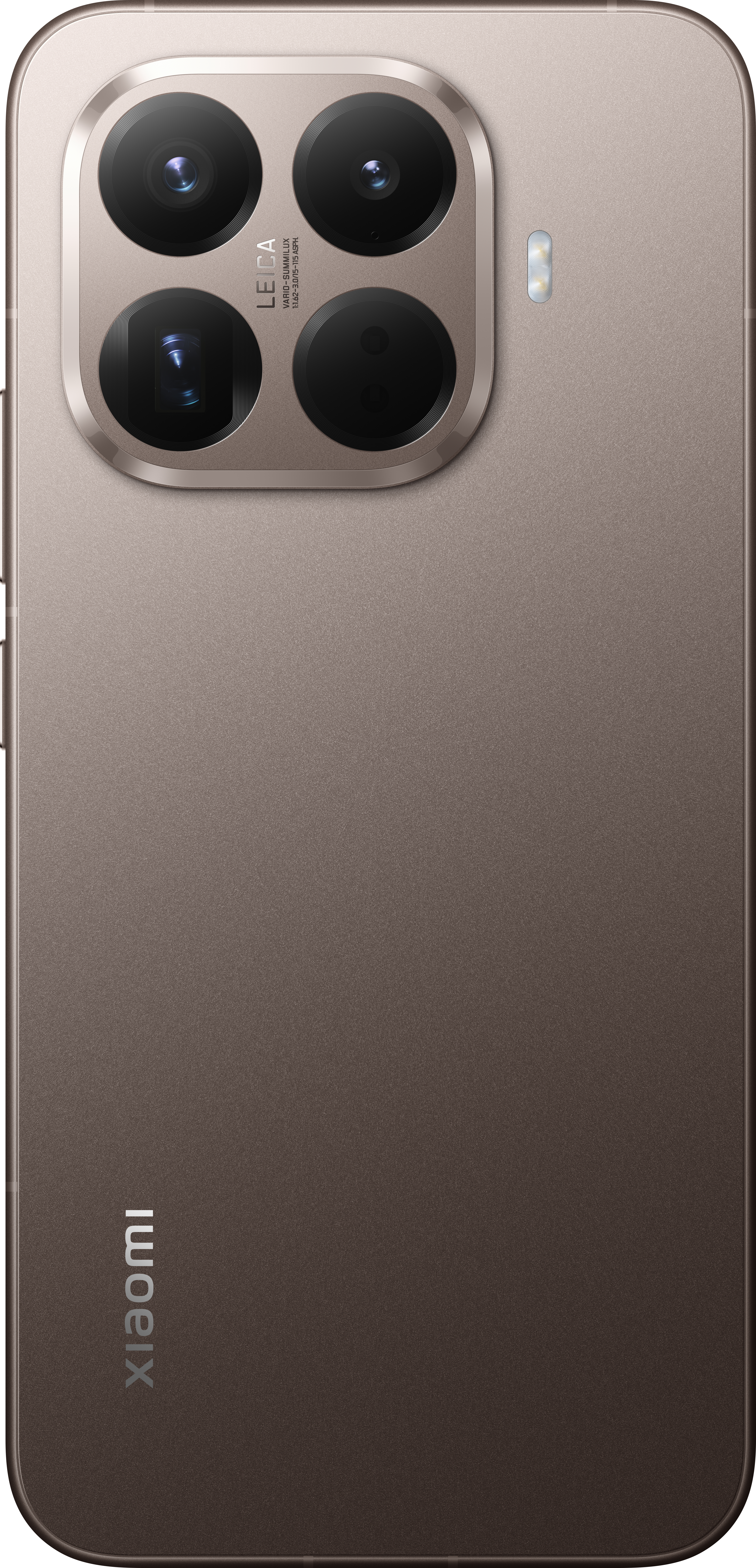 Rückseite eines braunen Smartphones mit Kameramodul mit vier Linsen und der Marke Leica. Xiaomi-Logo sichtbar.