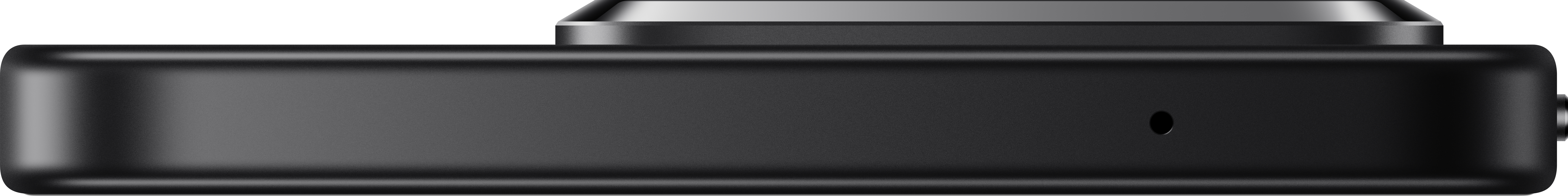 Seitenansicht eines schwarzen elektronischen Geräts. Es hat ein Objektiv, ein kleines Loch und eine abgerundete Form.