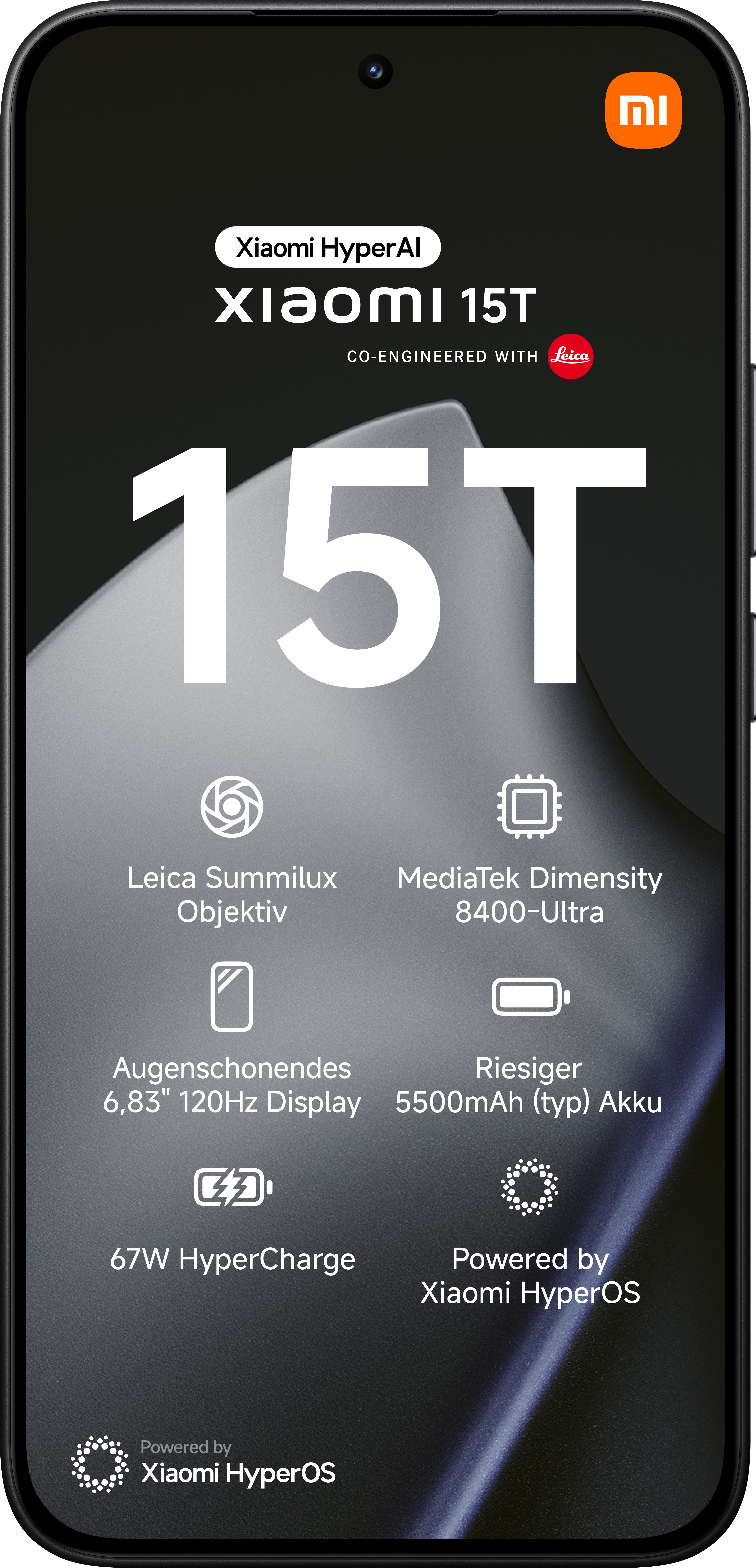 Xiaomi 15T-Telefon. Funktionen: Leica Summilux, MediaTek Dimensity, 6,83" 120Hz Display, 5500mAh Akku, 67W HyperCharge.