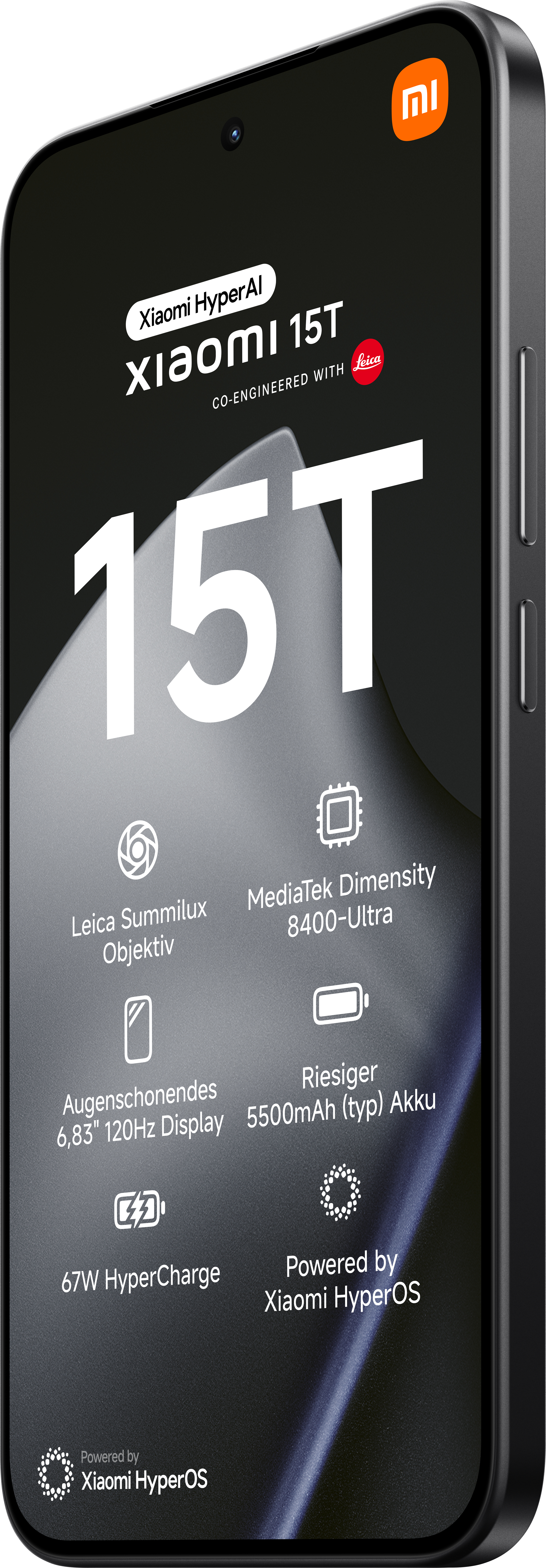 Ein schwarzes Xiaomi 15T-Telefon. Merkmale sind Leica Summilux, MediaTek Dimensity, 6,83" Display und 5500mAh Akku.