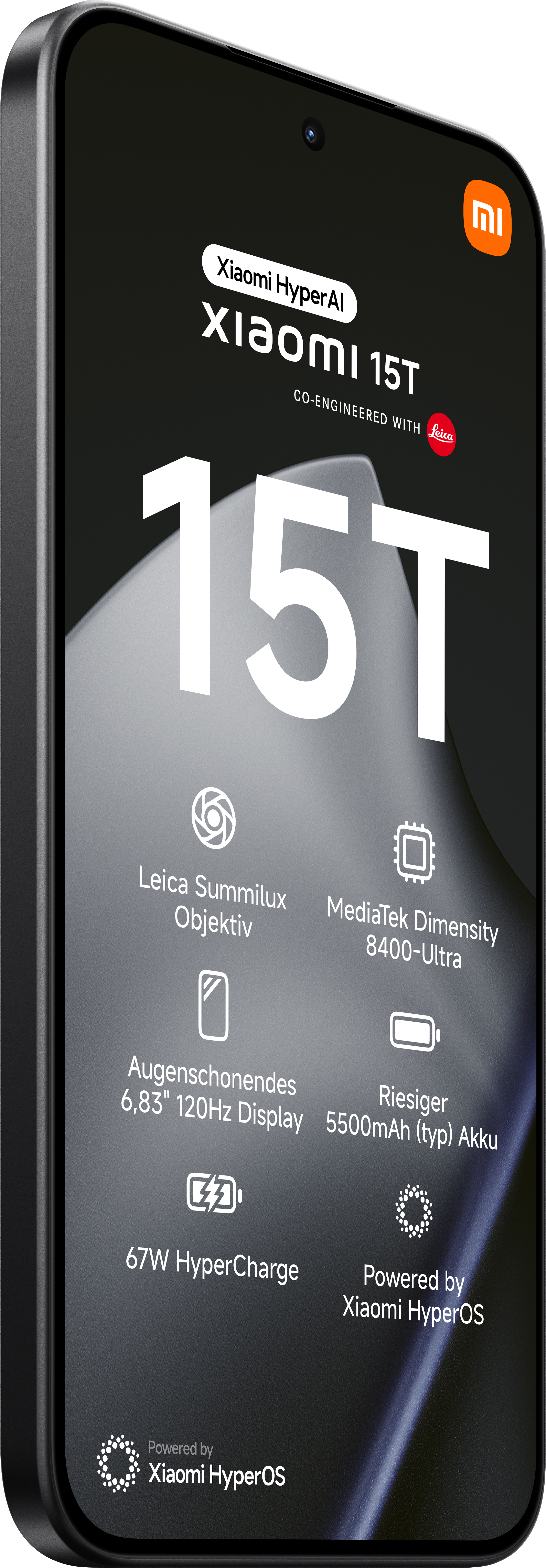 Ein schwarzes Smartphone zeigt die Spezifikationen des Xiaomi 15T an. Zu den Merkmalen gehören Leica-Objektiv, großes Display und Schnellladung.