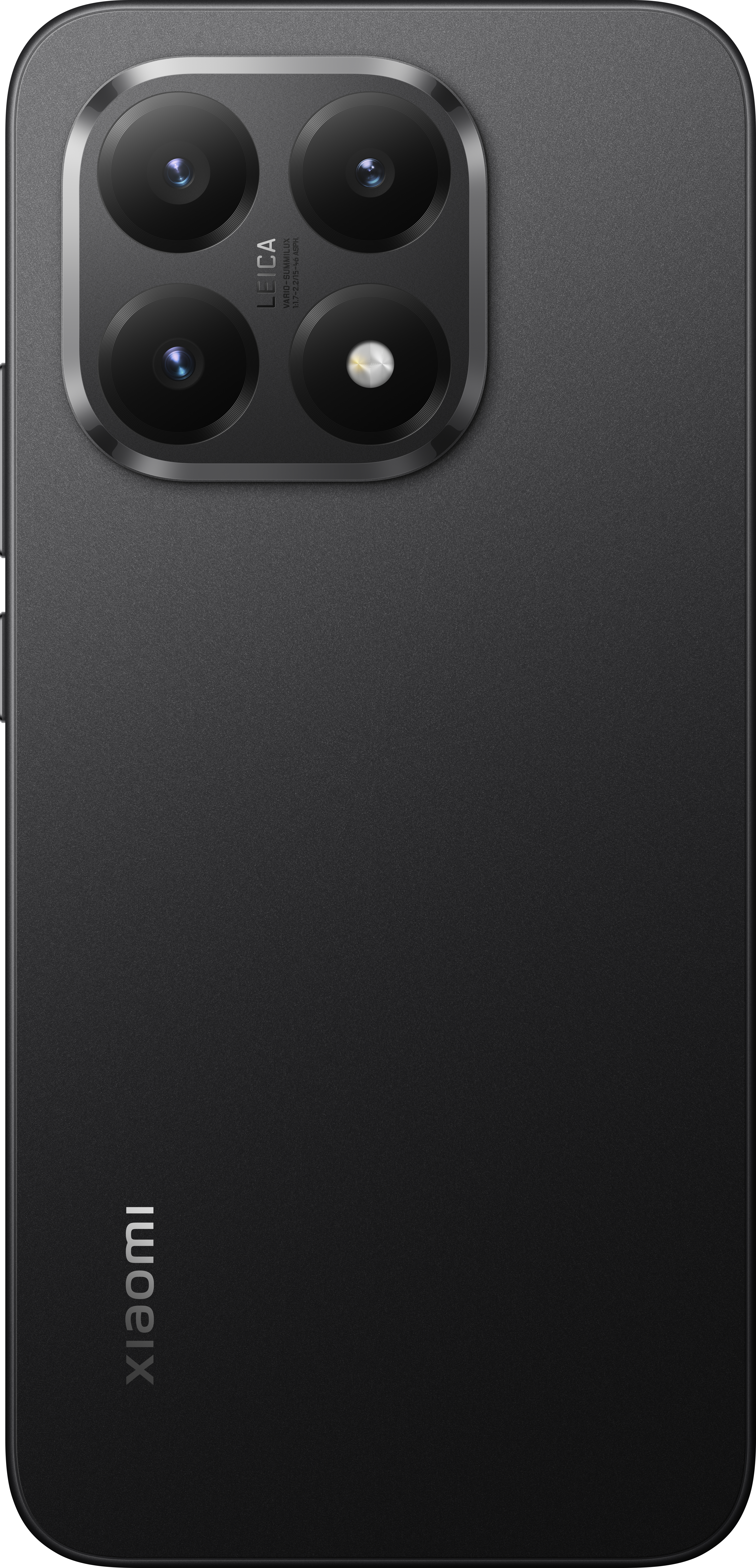 Schwarze Smartphone-Rückseite mit vier Kameras, Leica-Branding und Xiaomi-Logo. Mattes Finish, schlankes Design.