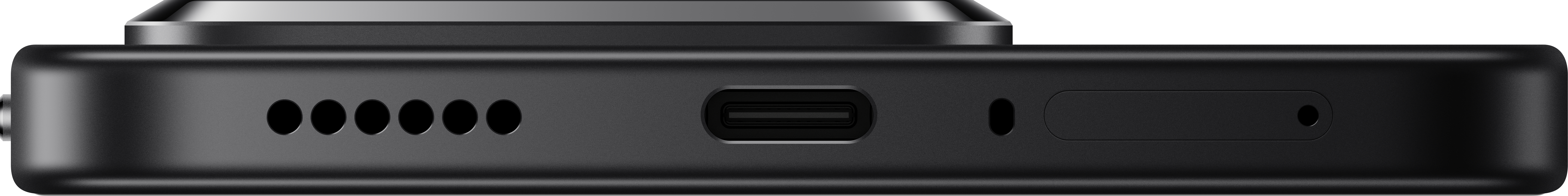 Nahaufnahme eines schwarzen elektronischen Geräts mit verschiedenen Anschlüssen und Löchern. Enthält einen USB-C-Anschluss und eine Reihe kleiner Löcher.