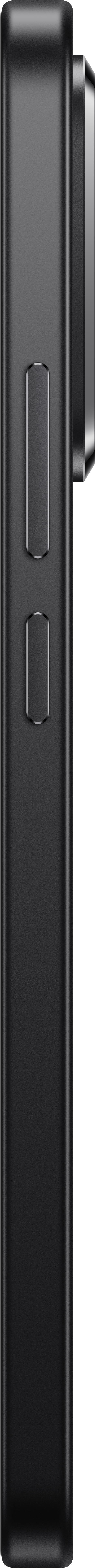 Seitenansicht eines schwarzen, rechteckigen Geräts mit zwei Knöpfen und einem Objektiv. Das Gerät ist schlank und modern.