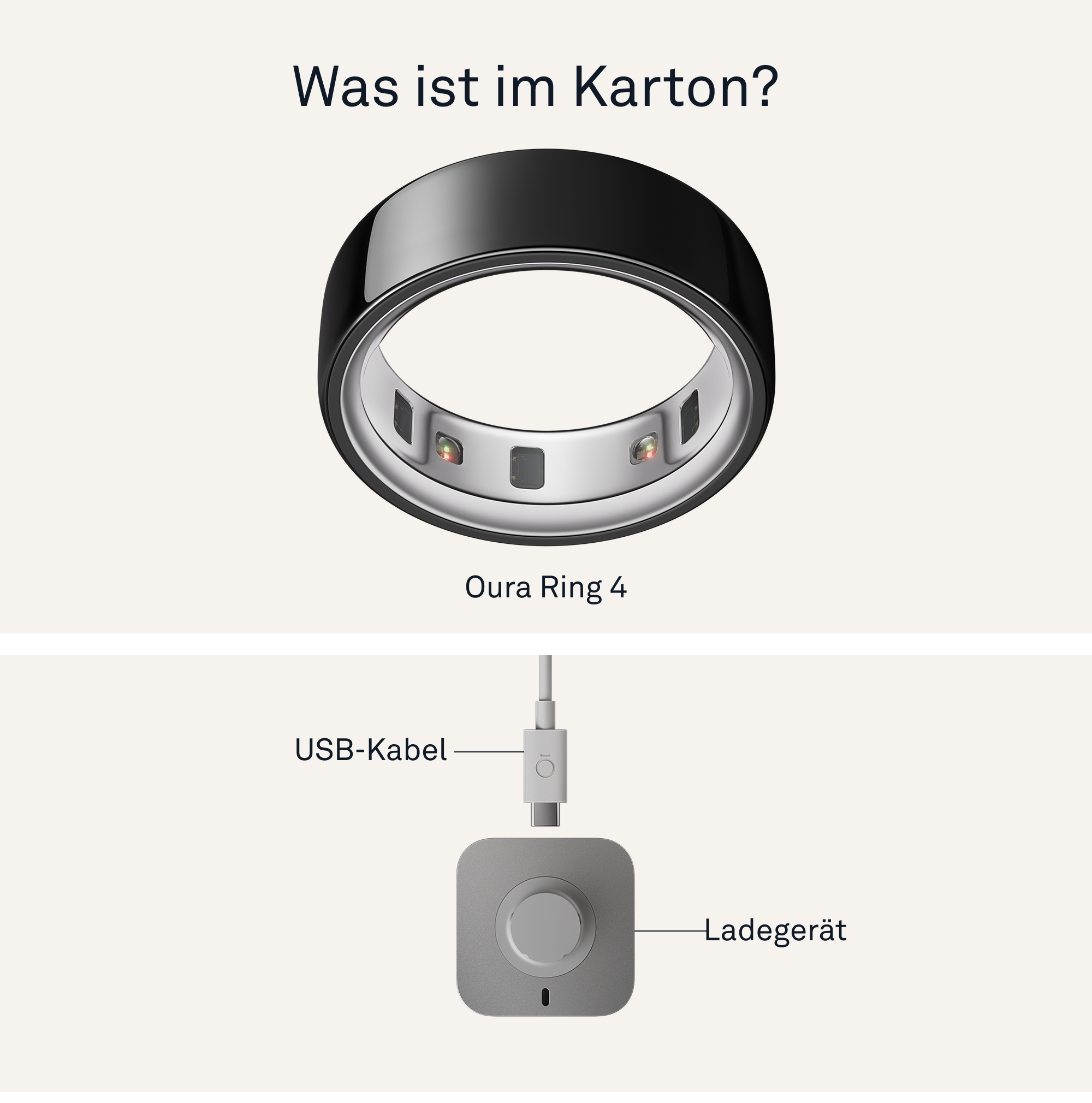 Das Bild zeigt einen Oura Ring 4, ein USB-Kabel und eine Ladestation. Der Ring ist schwarz und silber. Das Ladegerät ist grau.