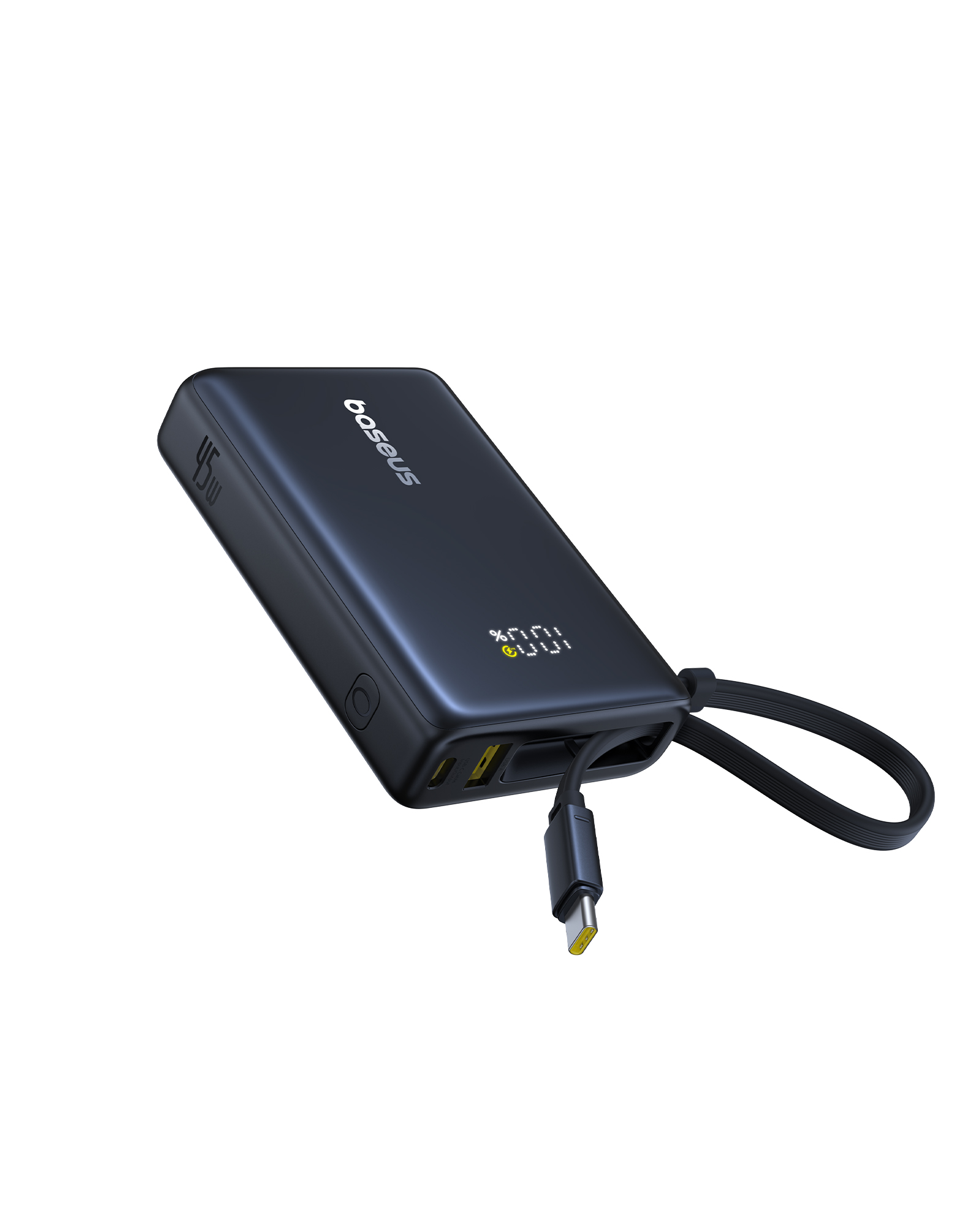 Fekete Baseus power bank fekete kábellel. 100%-os töltést mutat. A háttér fehér.