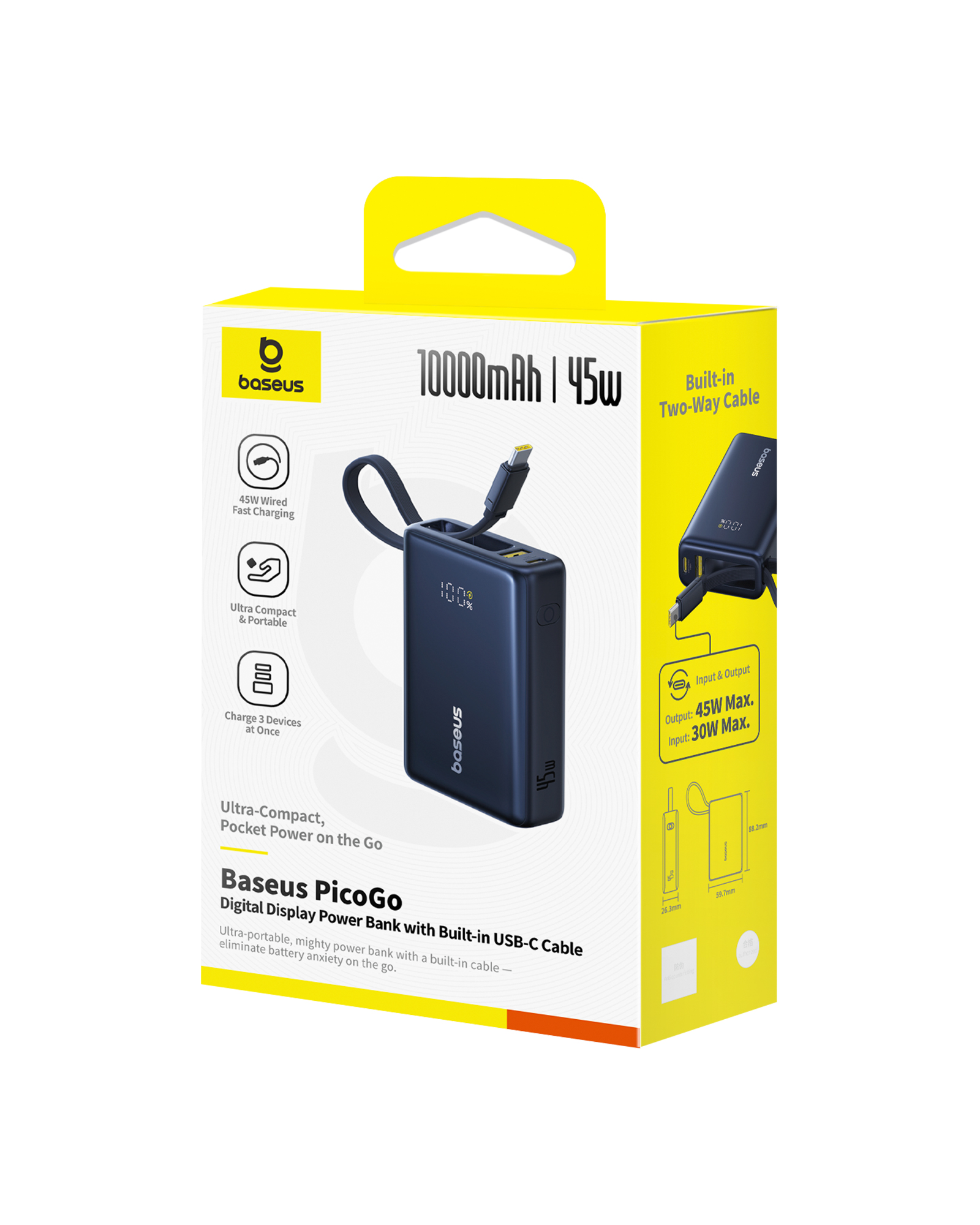 Egy Baseus PicoGo power bank doboza. Sötétkék power bank van benne, beépített USB-C kábellel.