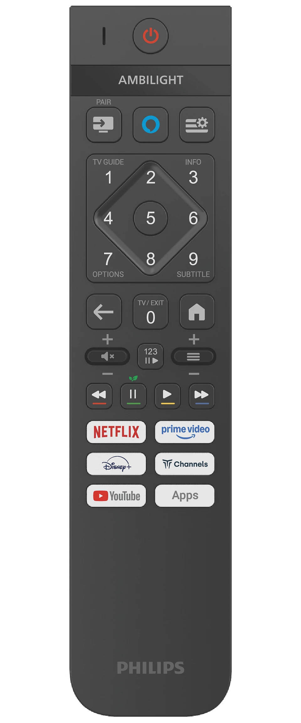 Eine schwarze Philips-Fernbedienung mit verschiedenen Tasten: Ein/Aus, Ambilight, Zahlen, Netflix, Prime Video und andere.