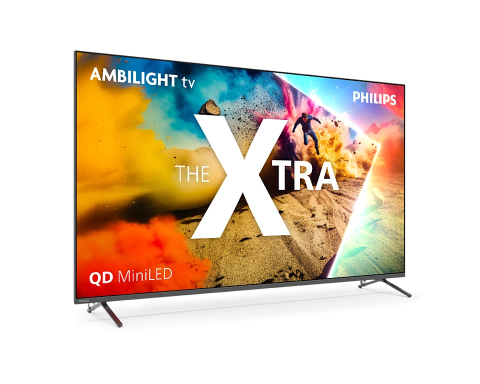 Ein Philips Ambilight TV mit dem Text 'The Xtra', einer springenden Person und 'QD MiniLED'. Der Hintergrund ist farbenfroh.