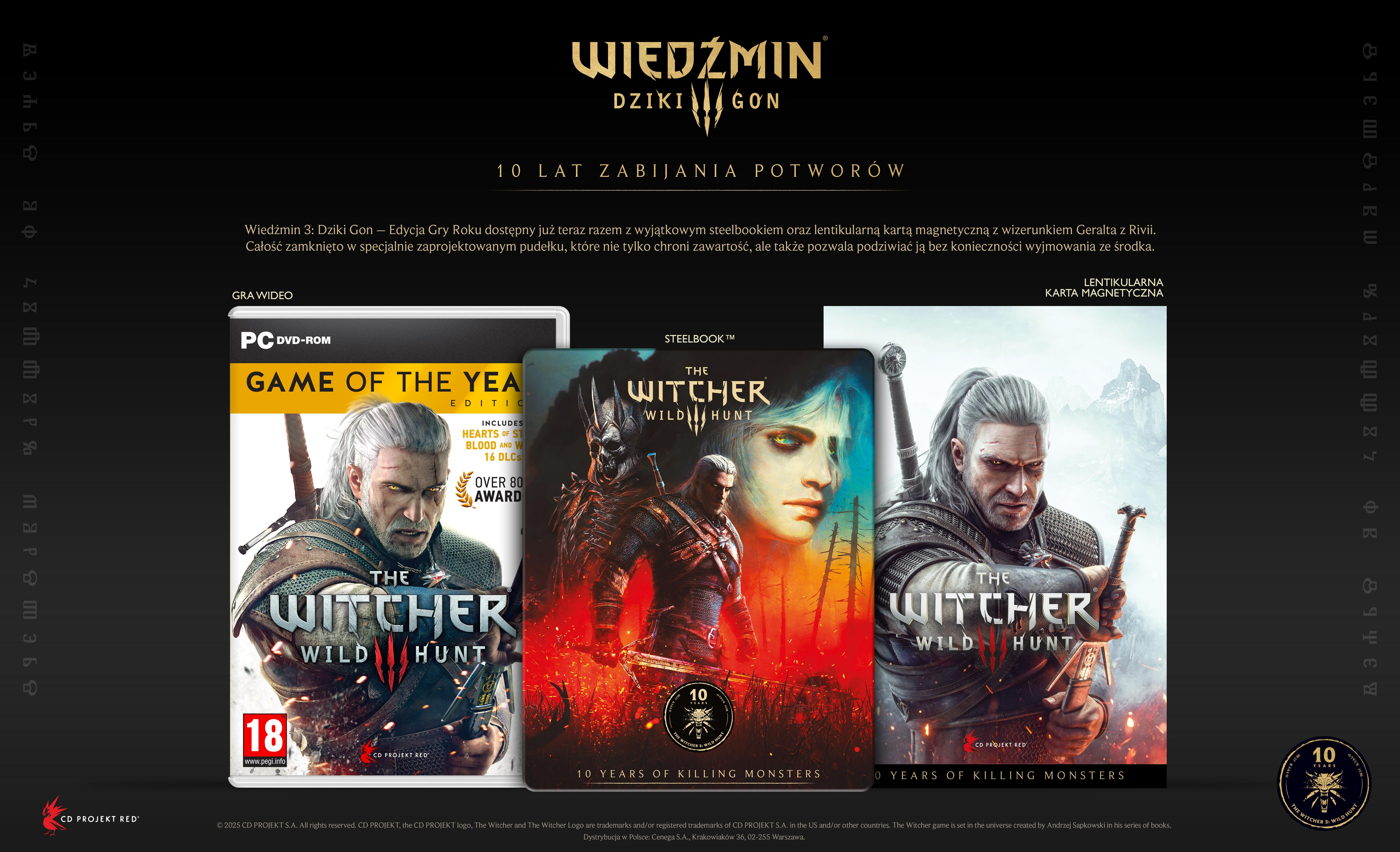 Obraz promocyjny dla The Witcher 3: Wild Hunt. Zawiera pudełka z grą, Geralta i logo gry.