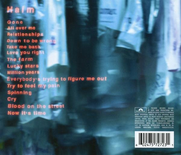 Albumcover für Haim. Titel und Titelliste sind rot. Verschwommener blauer Hintergrund. Barcode und Copyright-Informationen unten.