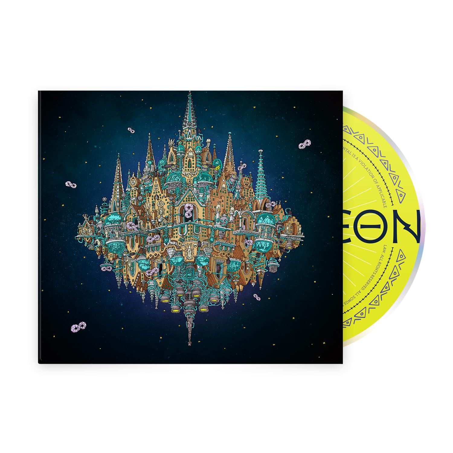 CD-Hülle mit Fantasy-Stadtlandschaft. Eine gelbe CD ist teilweise sichtbar, mit Text. Der Hintergrund ist dunkelblau mit Sternen und Unendlichkeitszeichen.