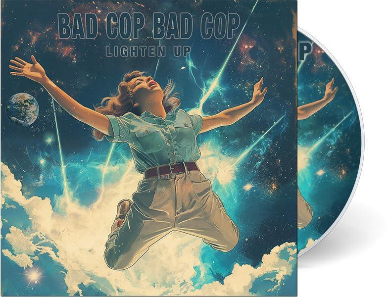 Albumcover von 'Bad Cop Bad Cop - Lighten Up'. Eine Frau in Uniform schwebt mit ausgestreckten Armen auf. Kosmischer Hintergrund.