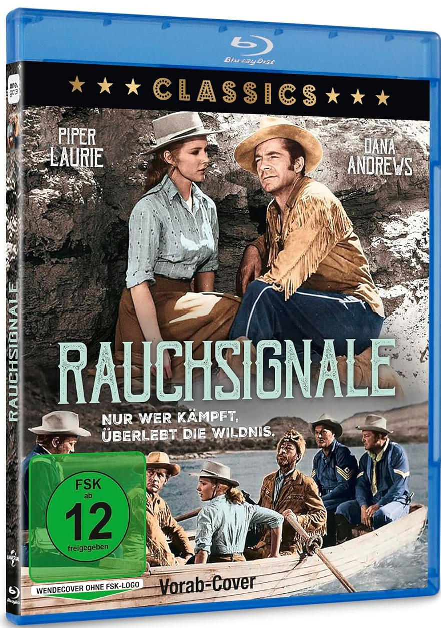 Blu-ray-Cover eines Westernfilms. Schauspieler sind Piper Laurie und Dana Andrews. Der Titel lautet 'Rauchsignale'.