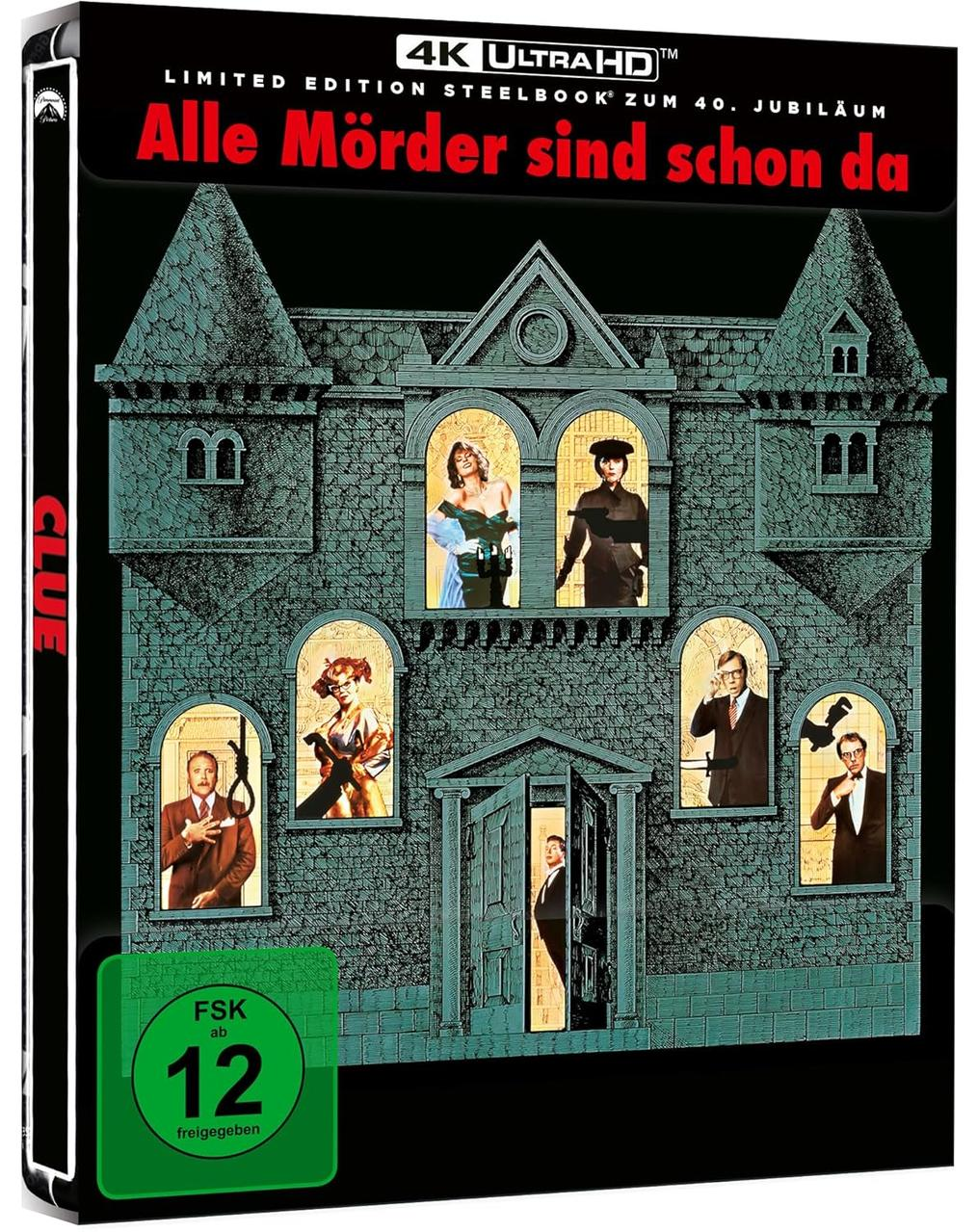 Filmcover. Ein teal Haus mit Menschen in Fenstern. Text: 'Alle Mörder sind schon da'. Unten, eine grüne Box mit FSK 12.