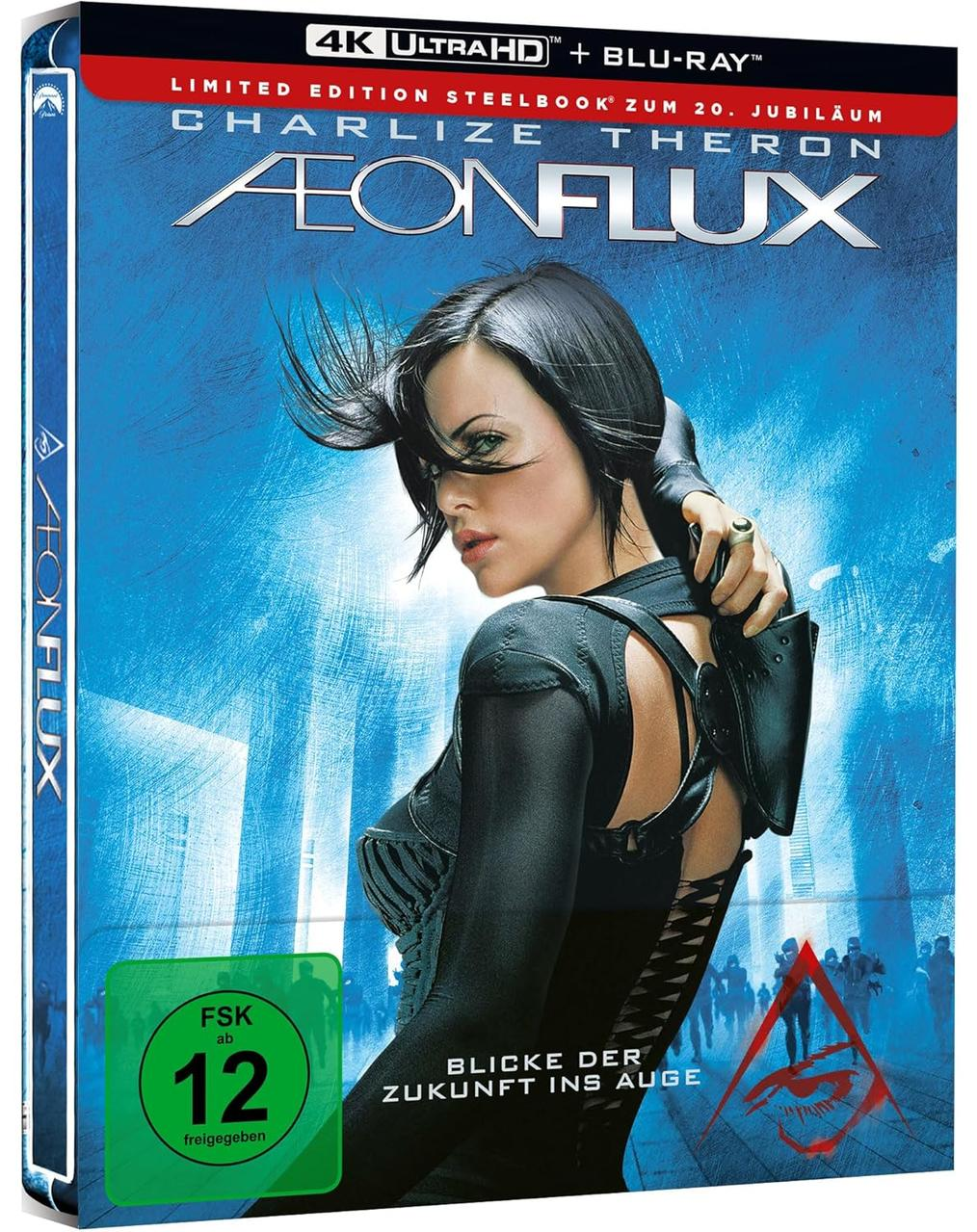 Ein Filmcover mit Charlize Theron. Der Titel "Aeon Flux" ist prominent. Blu-ray und 4K Ultra HD sind ebenfalls erwähnt.