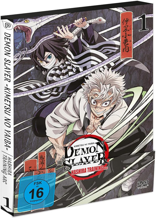 Cover von Demon Slayer Staffel 1, mit zwei männlichen Charakteren und einer Schlange.