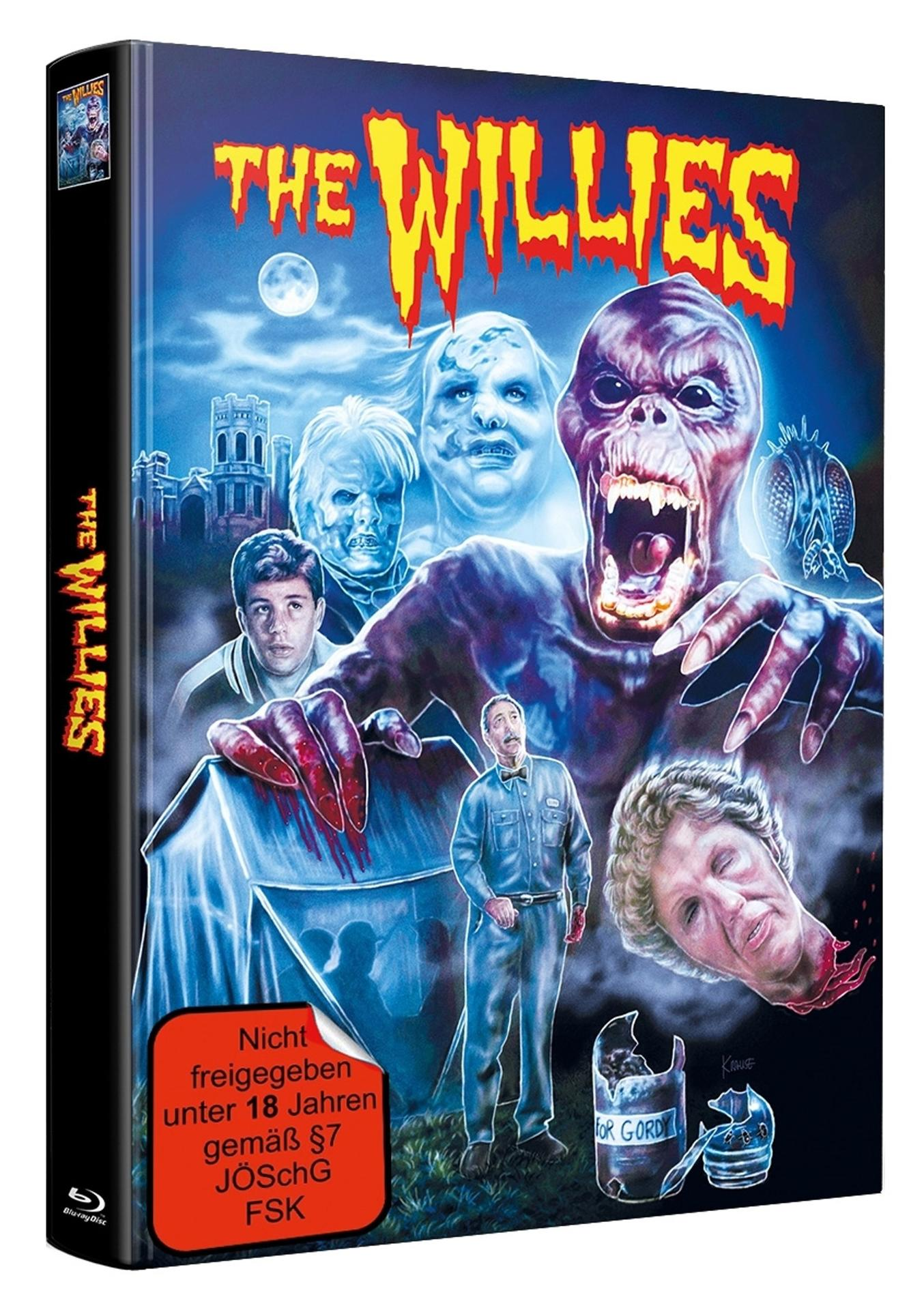 DVD-Cover für 'The Willies' mit monströsen Figuren, schreiendem Gesicht und einem Mann in blauer Uniform. Text: 'Nicht freigegeben unter 18 Jahren'.