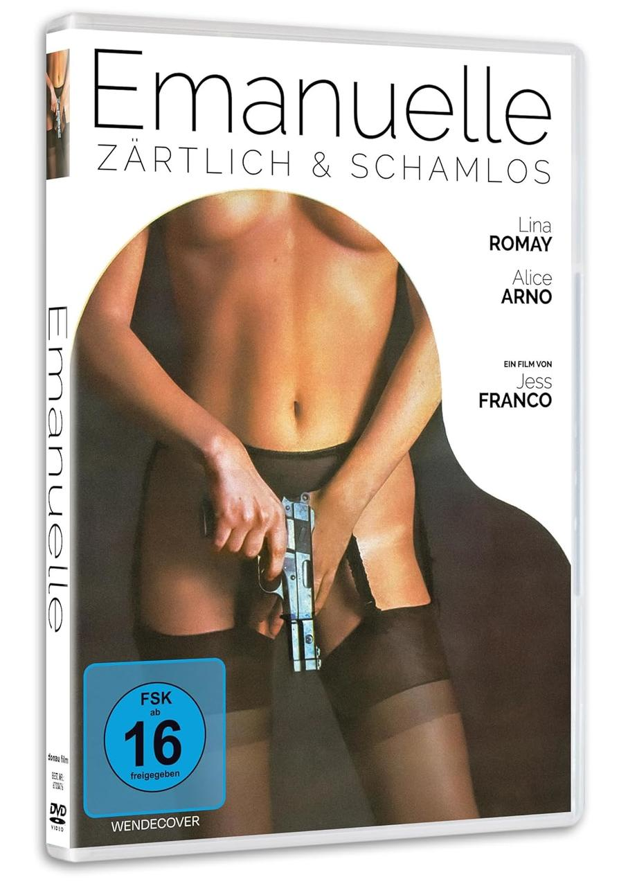 DVD-Hülle zeigt Frau mit Waffe. Text: "Emanuelle". Namen der Schauspieler und Altersbeschränkung.