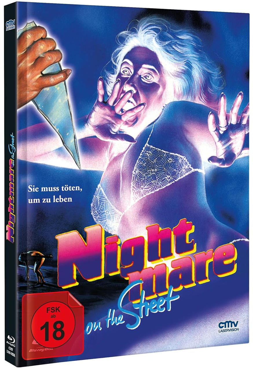 Filmcover von 'Nightmare on the Street'. Eine Frau schreit, Arm hält ein Messer. Text: Sie muss töten, um zu leben. Blu-ray Disc.