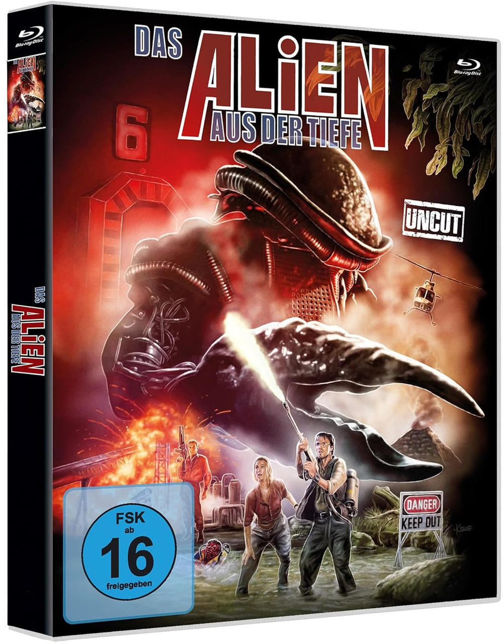 Filmposter: Alien aus der Tiefe. Zeigt ein außerirdisches Wesen, Menschen mit Waffen und einen Hubschrauber. Das Cover ist eine Blu-ray Disc.