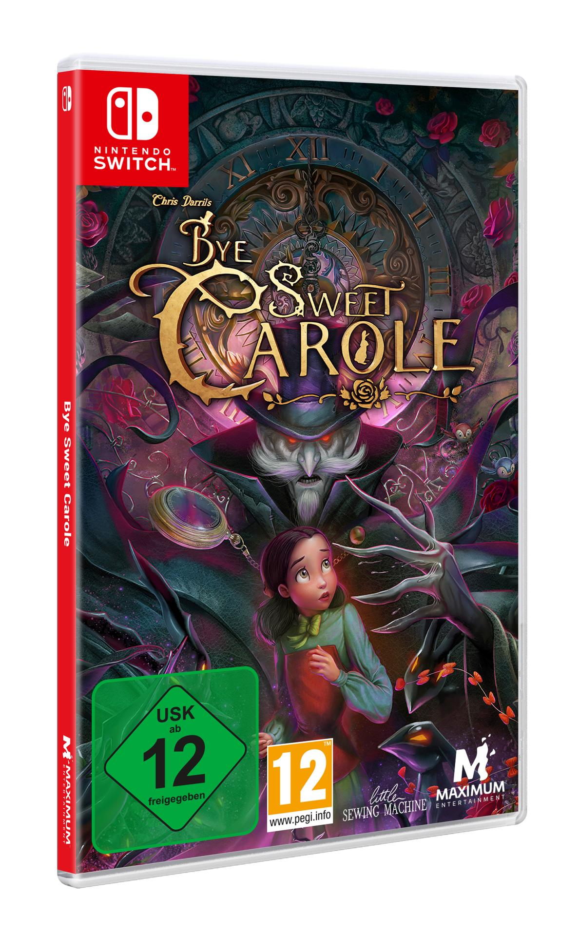 Spielcover für Bye Sweet Carole. Zeigt ein Mädchen, eine bedrohliche Gestalt und den Spieletitel auf einer Nintendo Switch-Box.