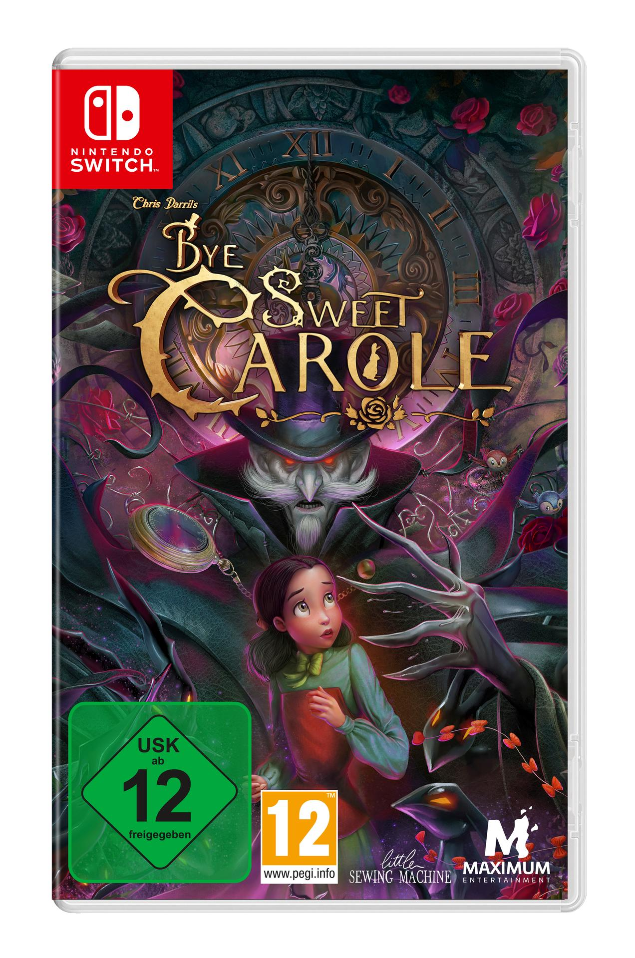 Spielcover-Art. Ein Mädchen blickt auf eine schattenhafte Gestalt. Titel: Bye Sweet Carole. Enthält ein Nintendo Switch-Logo und eine Bewertung.
