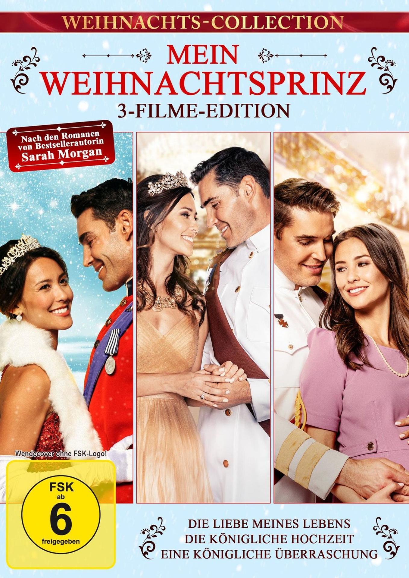 Filmposter: Ein Weihnachts-Prinzen-Film mit drei Paaren in königlicher Kleidung, einer goldenen Scheibe und deutschem Text.