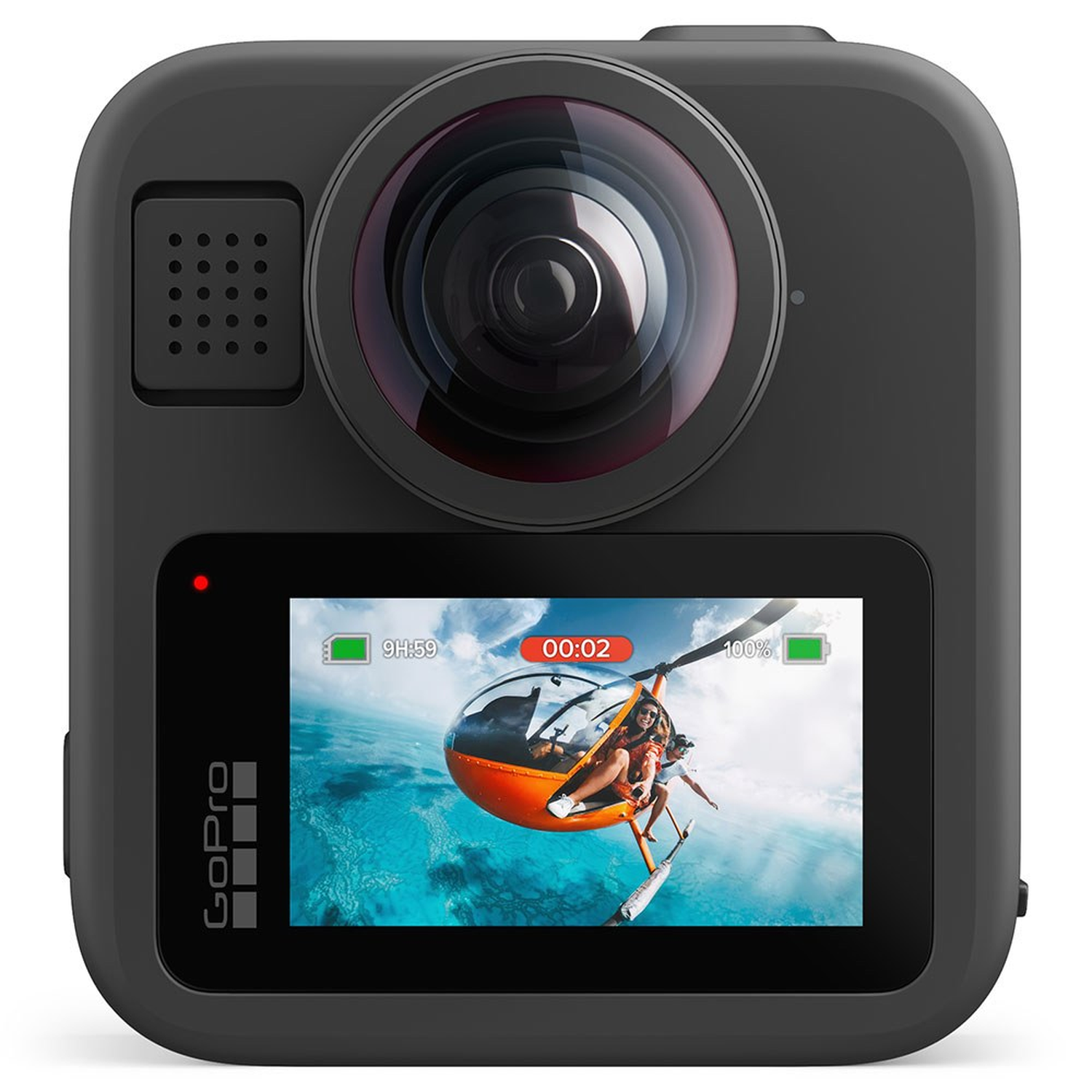 Zwarte GoPro-camera met een scherm dat een helikopter boven blauw water toont. Het scherm toont batterij en tijd.