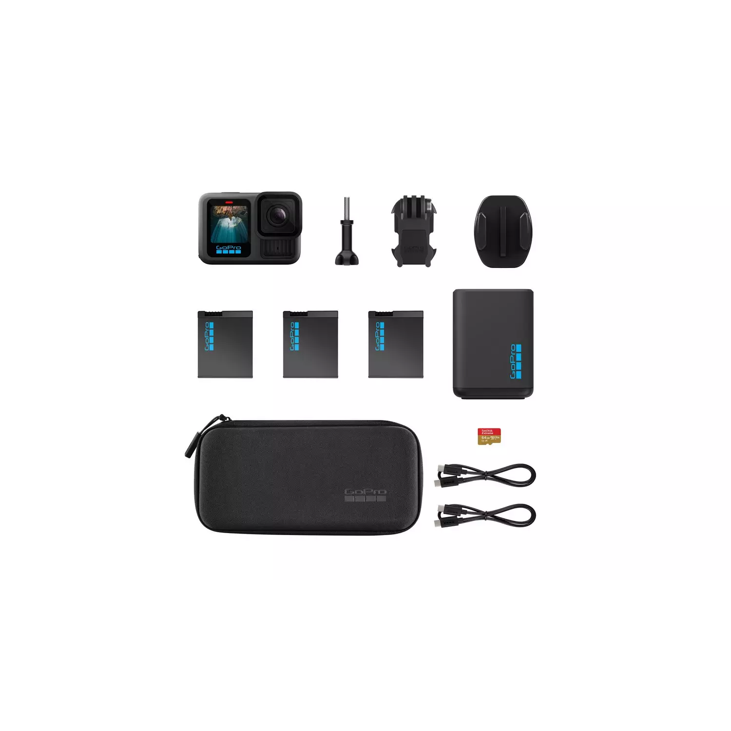 GoPro-camerapakket met camera, batterijen, oplader, SD-kaart, hoesje, mounts en kabels op witte achtergrond. Allemaal zwart en donkergrijs.