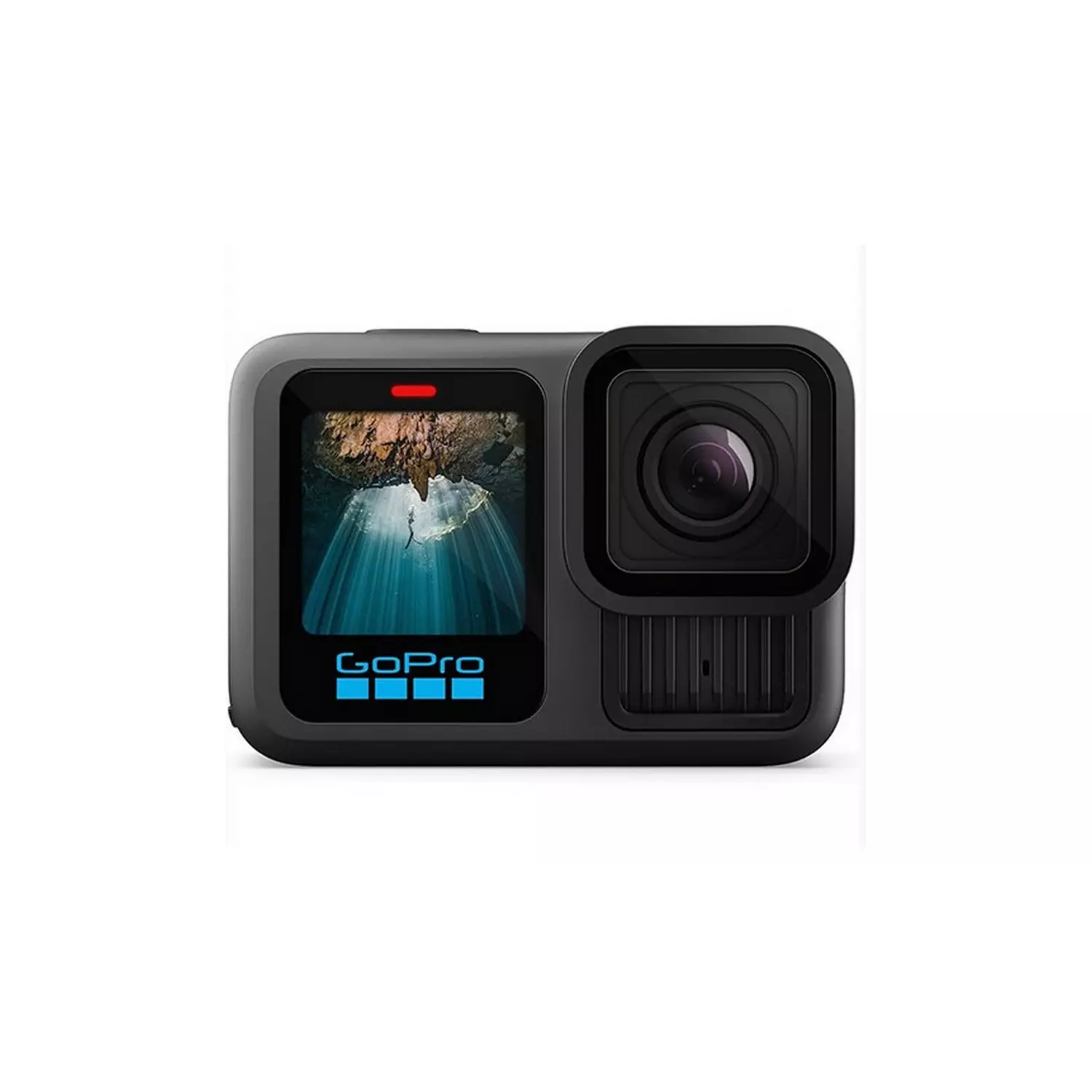 Een zwarte GoPro-camera met een display met een onderwater scène. De camera heeft een lens en het GoPro-logo.