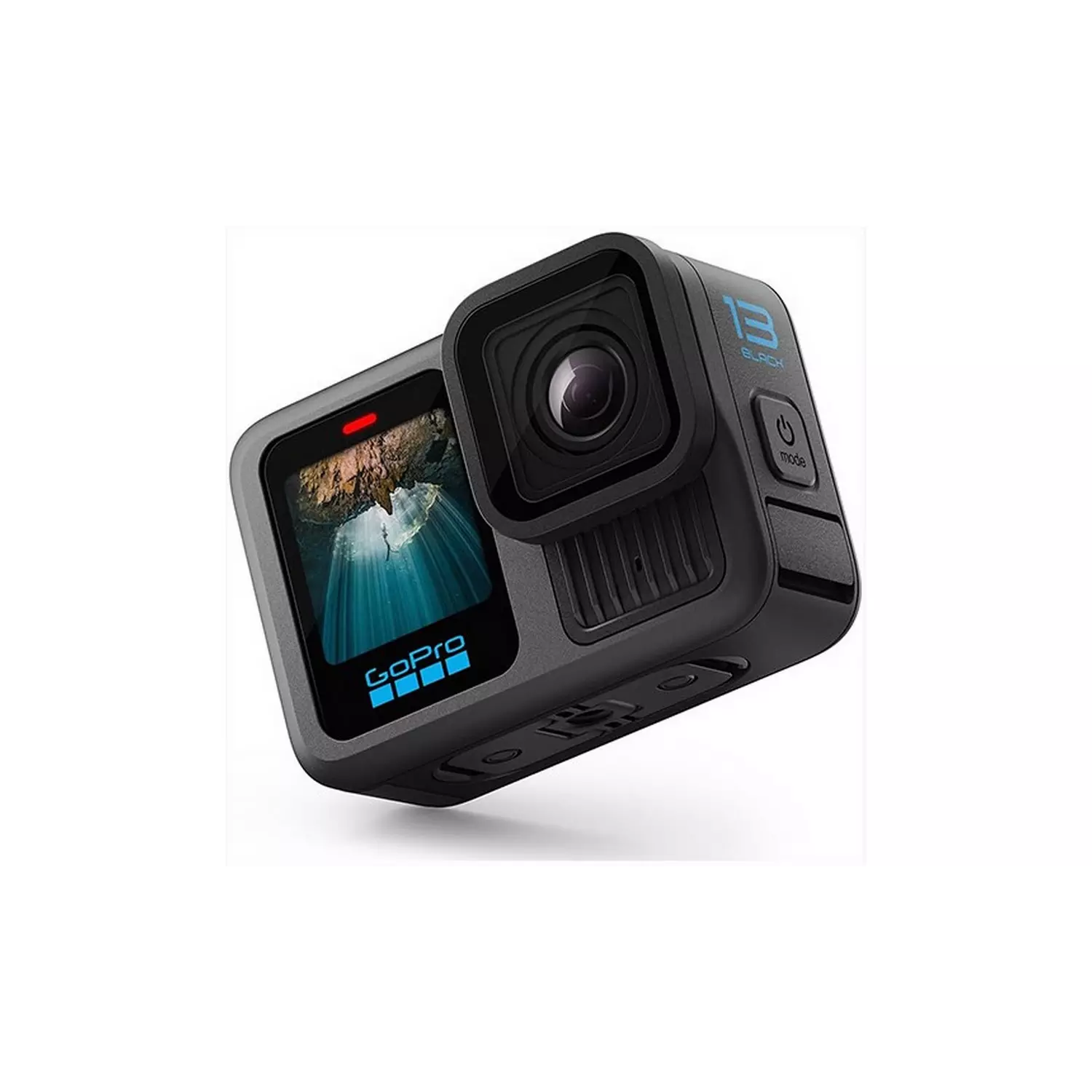 Zwarte GoPro camera met een scherm dat een onderwater scène toont. Het heeft een lens, knoppen en het merklogo. Het is licht gekanteld.