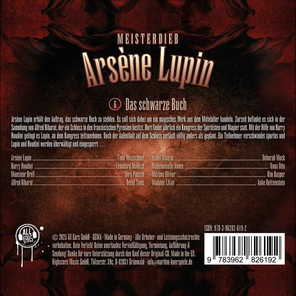Buchcover für Arsène Lupin, mit Titel, Charakternamen und einer Zusammenfassung der Geschichte. Dunkler Hintergrund mit goldenem Text.
