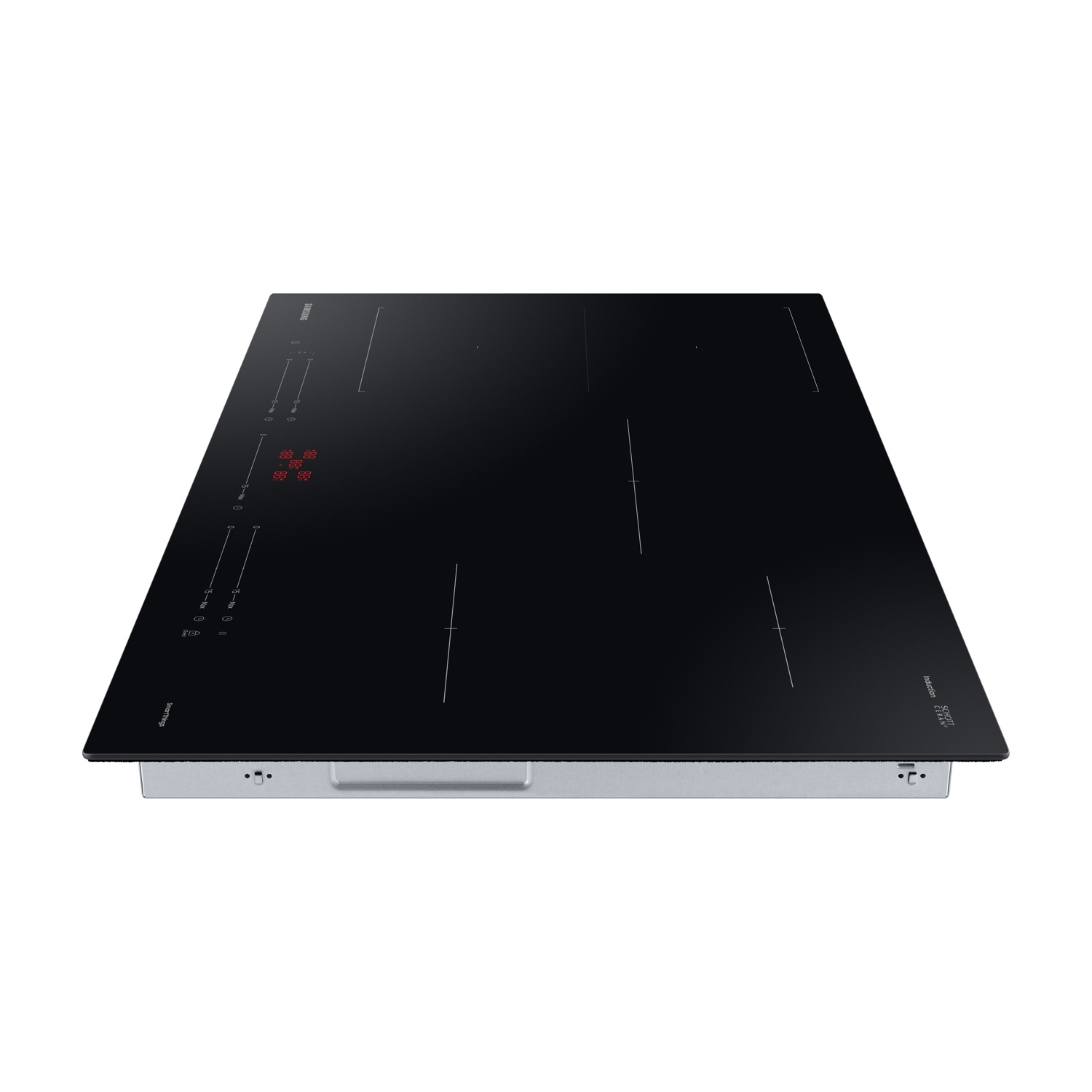 Un piano cottura a induzione nero con comandi touch e display LED rosso. Il piano è su sfondo bianco.