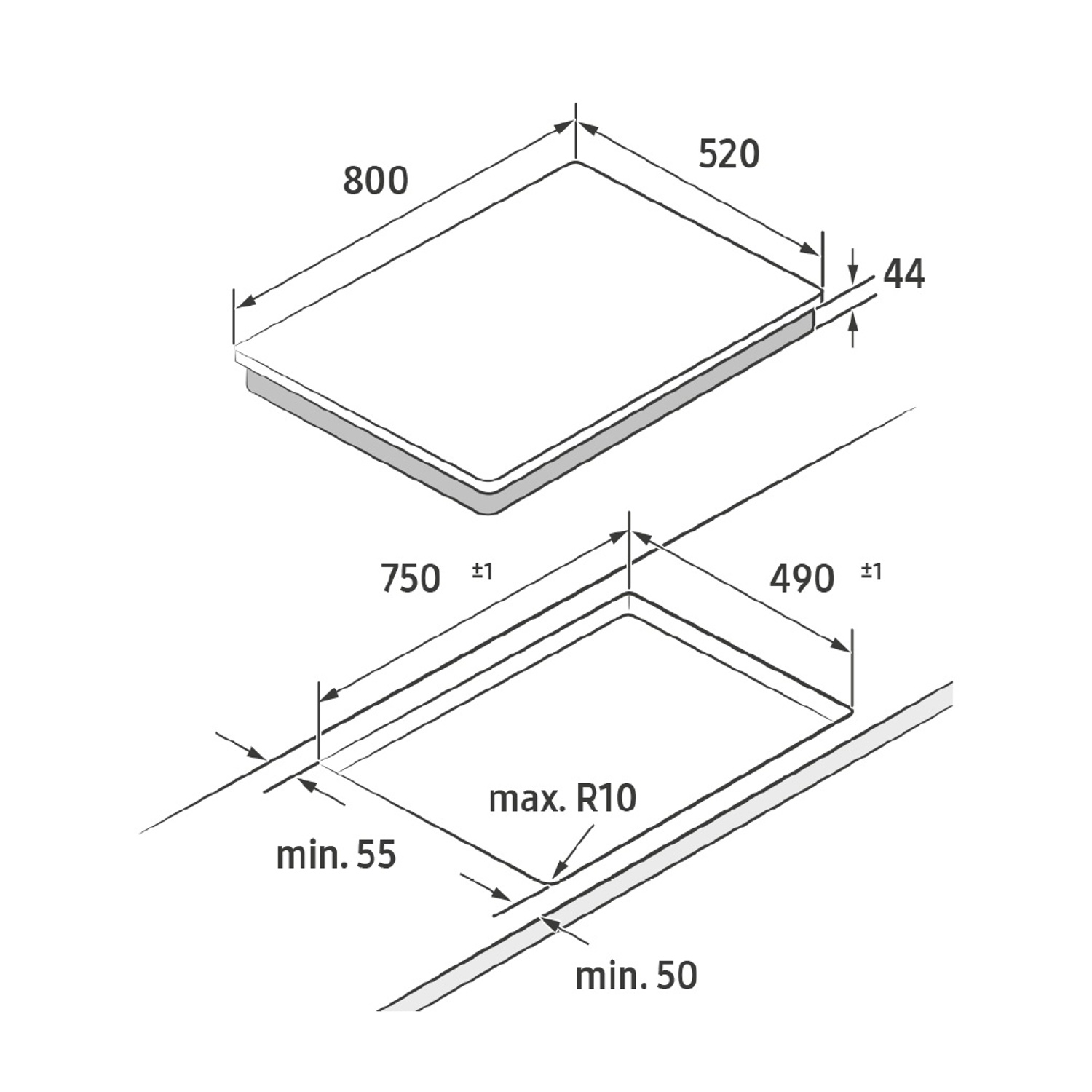 Diagramma di un piano cottura con dimensioni in millimetri. Mostra vista dall'alto e dimensioni del ritaglio, comprese lunghezze, larghezze e profondità.