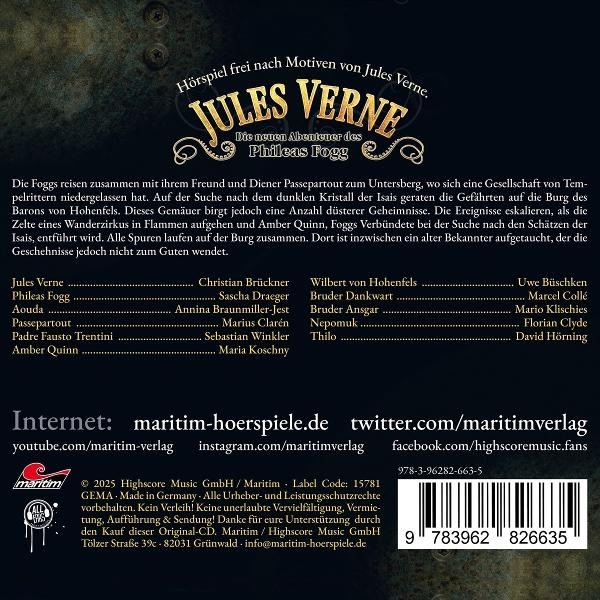 Poster für das Jules Verne Hörspiel. Titel in verzierter Schrift. Text beschreibt die Handlung, die Besetzung und Kontaktinformationen.