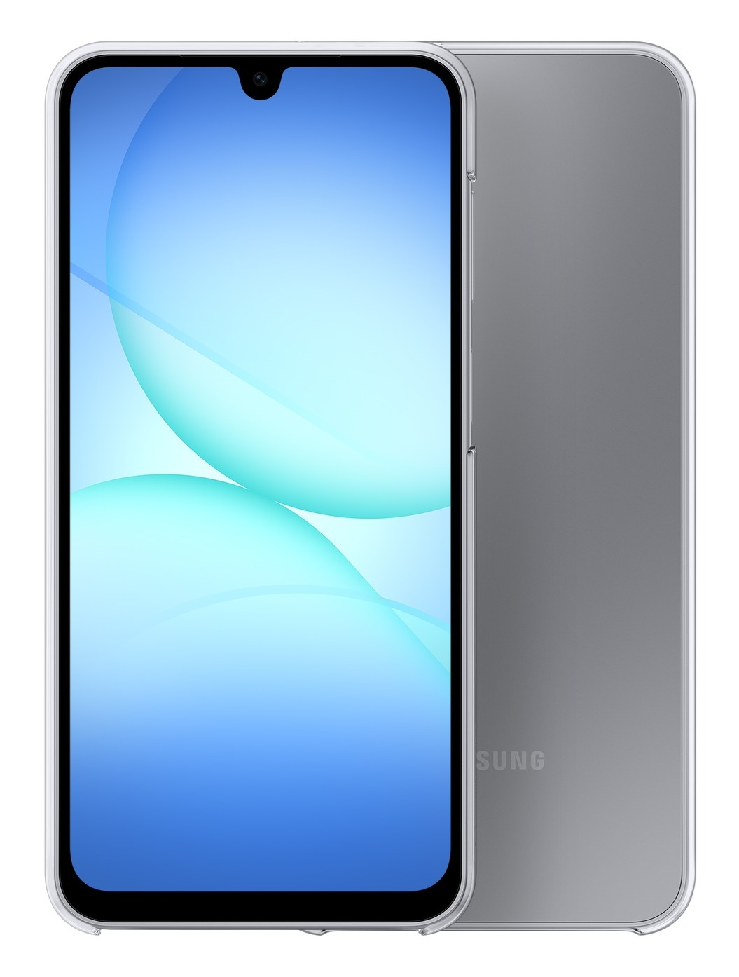 Smartfon z niebieskim ekranem gradientowym i szarym tyłem. Ma przezroczyste etui. Widoczna jest marka 'SUNG'.