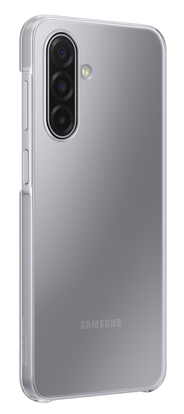 Srebrny smartfon Samsung z przezroczystym etui. Posiada potrójny aparat i lampę błyskową. Widoczne jest logo Samsunga.