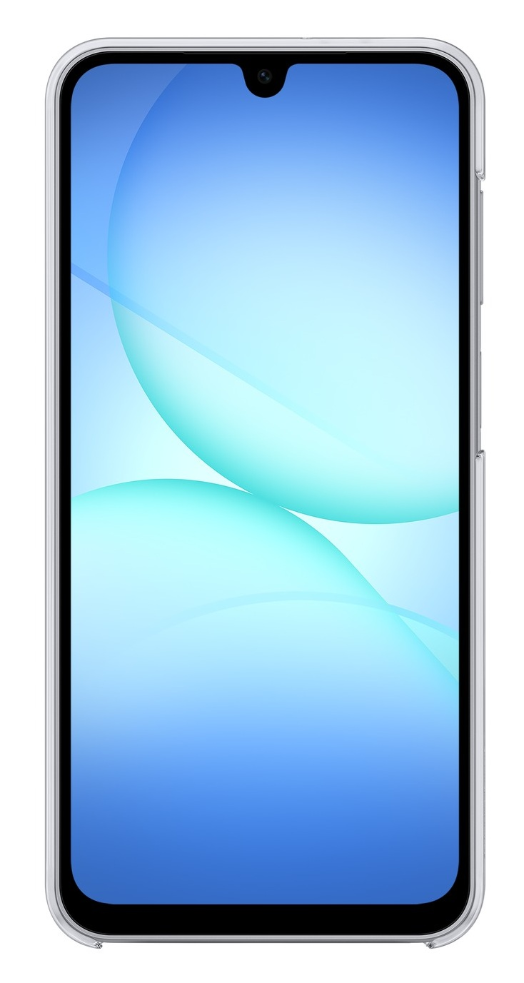 Smartfon z niebiesko-białym gradientem na ekranie. Ma przedni aparat i przezroczyste etui ochronne.